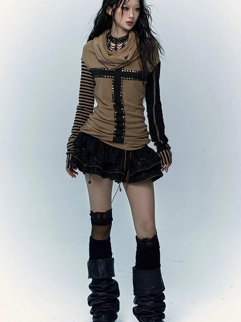 Dark Punk Wasteland Slouchy Hooded Striped Long Sleeve T-Shirt