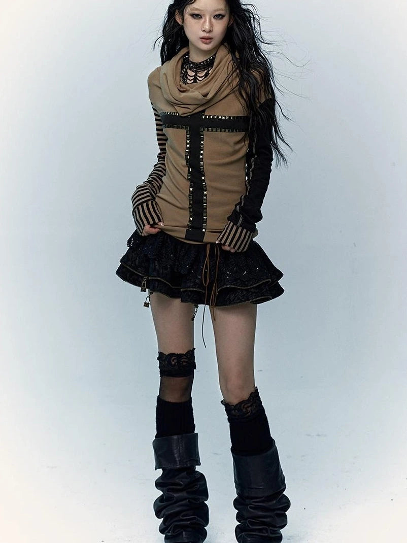 Dark Punk Wasteland Slouchy Hooded Striped Long Sleeve T-Shirt