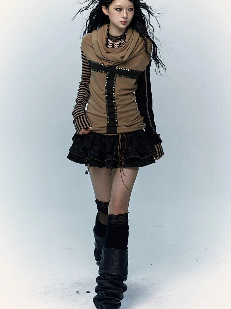 Dark Punk Wasteland Slouchy Hooded Striped Long Sleeve T-Shirt