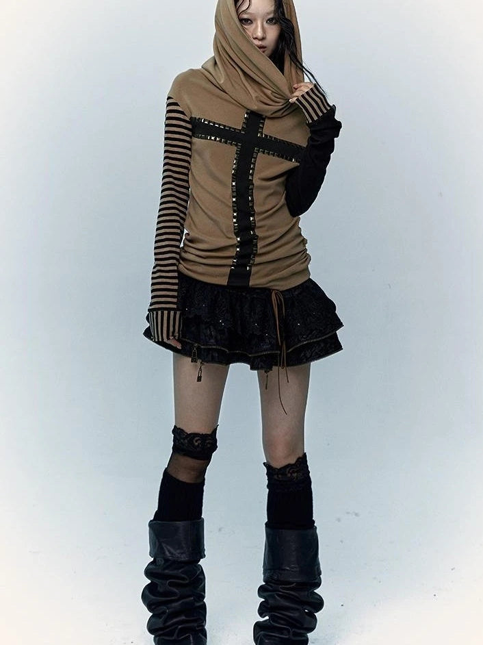 Dark Punk Wasteland Slouchy Hooded Striped Long Sleeve T-Shirt
