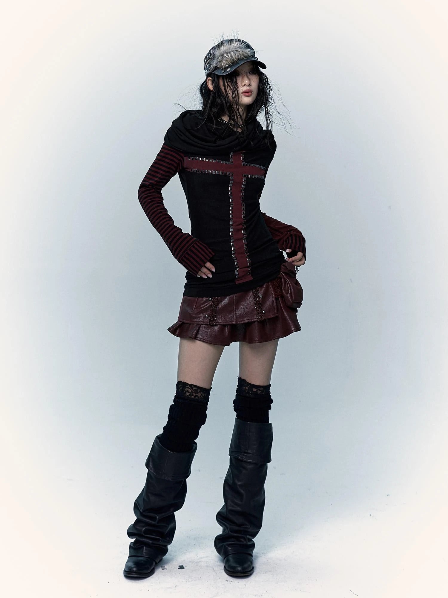 Dark Punk Wasteland Slouchy Hooded Striped Long Sleeve T-Shirt