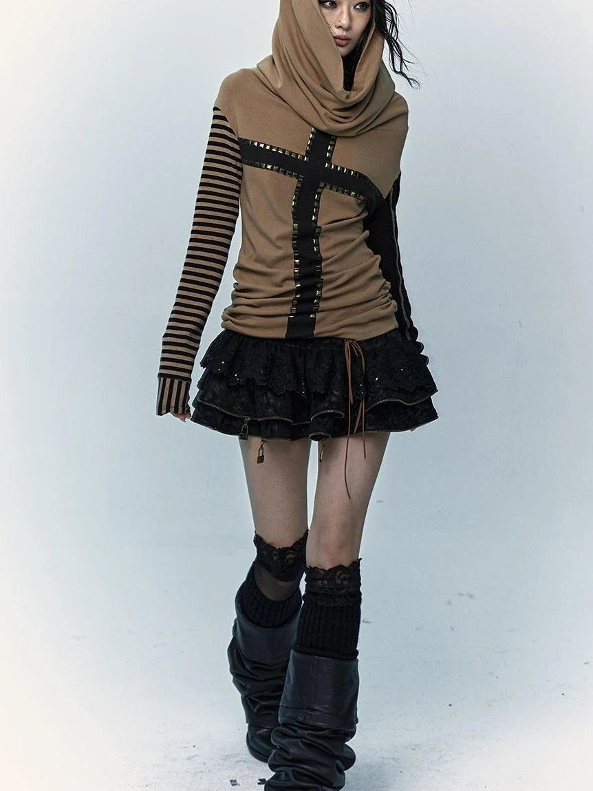 Dark Punk Wasteland Slouchy Hooded Striped Long Sleeve T-Shirt