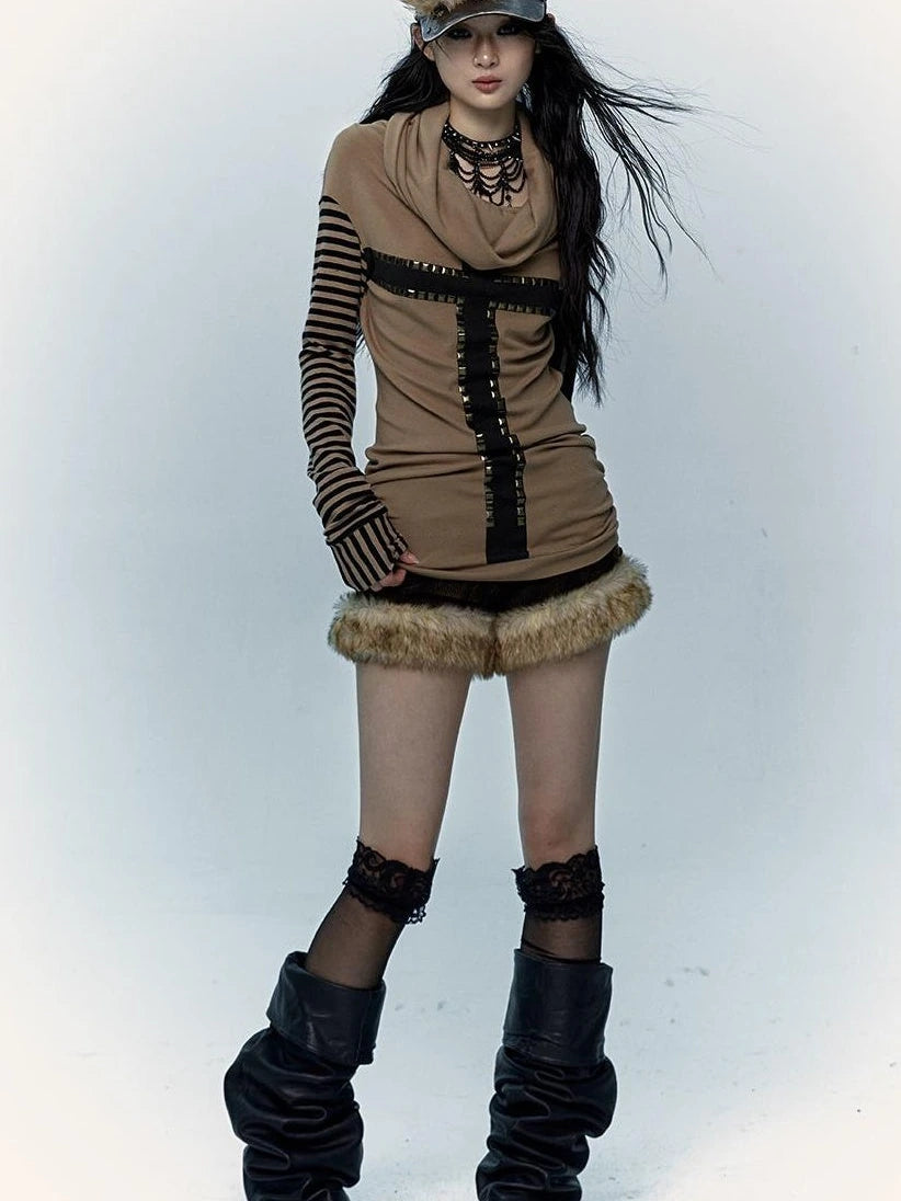 Dark Punk Wasteland Slouchy Hooded Striped Long Sleeve T-Shirt