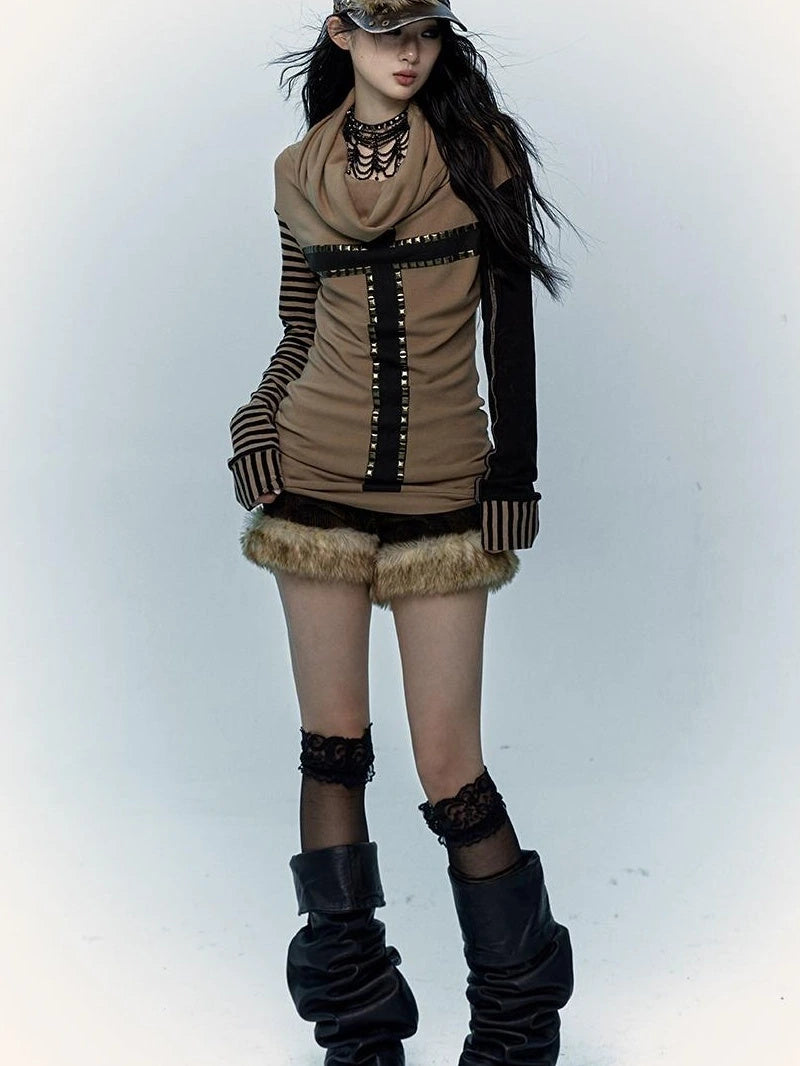 Dark Punk Wasteland Slouchy Hooded Striped Long Sleeve T-Shirt