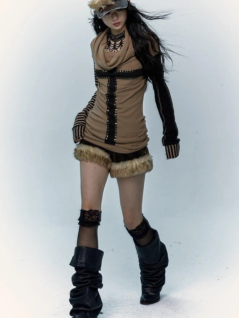 Dark Punk Wasteland Slouchy Hooded Striped Long Sleeve T-Shirt