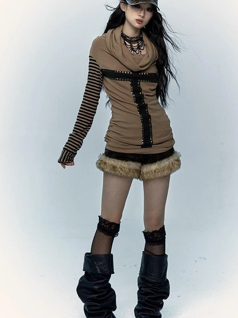 Dark Punk Wasteland Slouchy Hooded Striped Long Sleeve T-Shirt