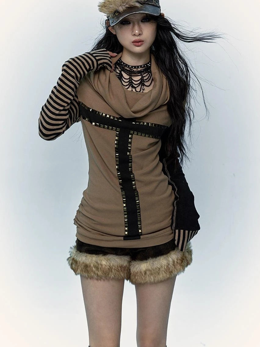 Dark Punk Wasteland Slouchy Hooded Striped Long Sleeve T-Shirt