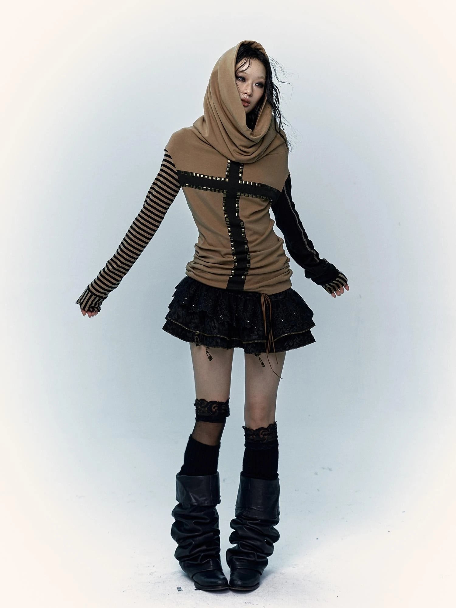 Dark Punk Wasteland Slouchy Hooded Striped Long Sleeve T-Shirt