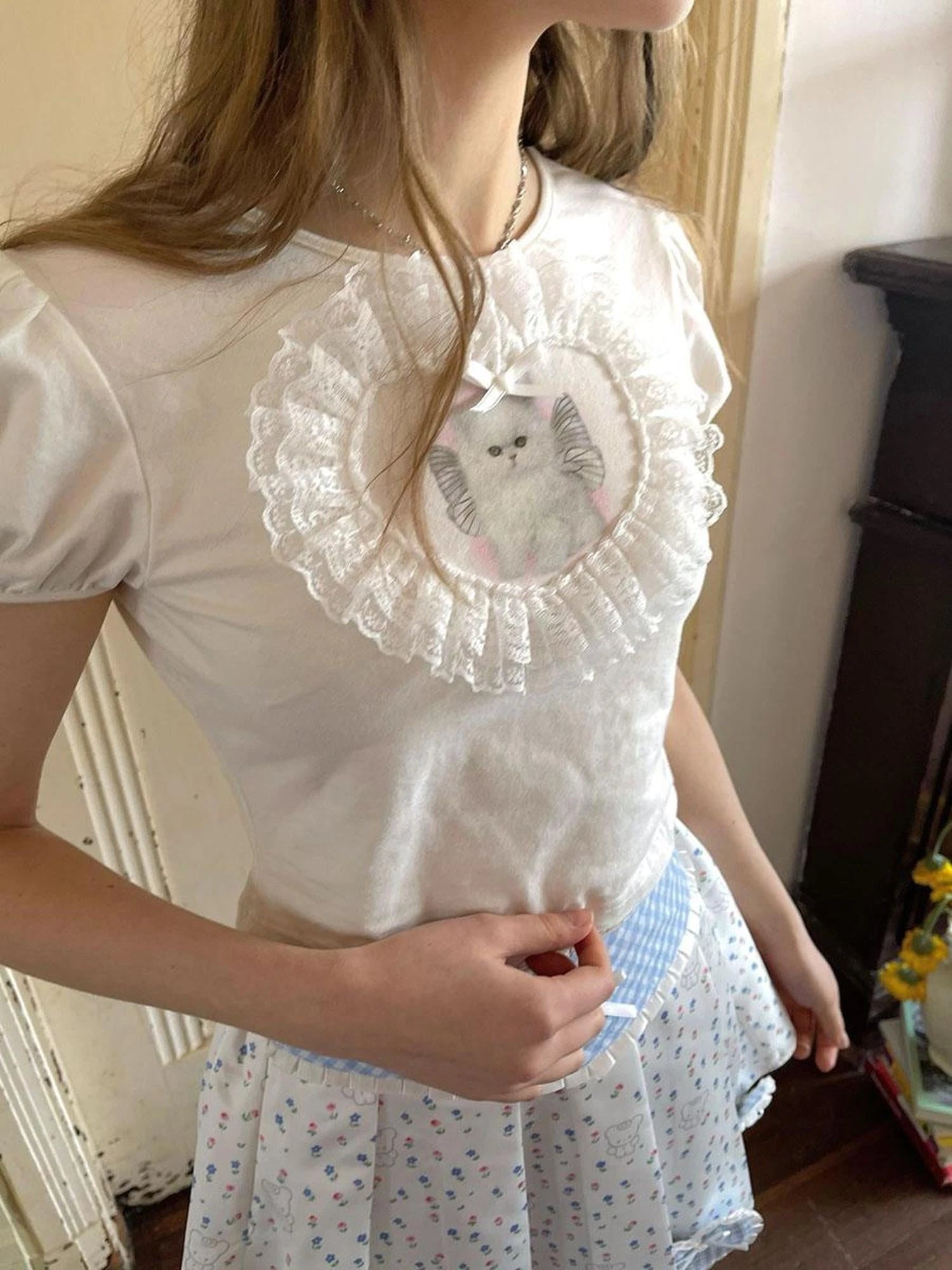 Angel Cat Lace Bubble Sleeve Tie Front Tee