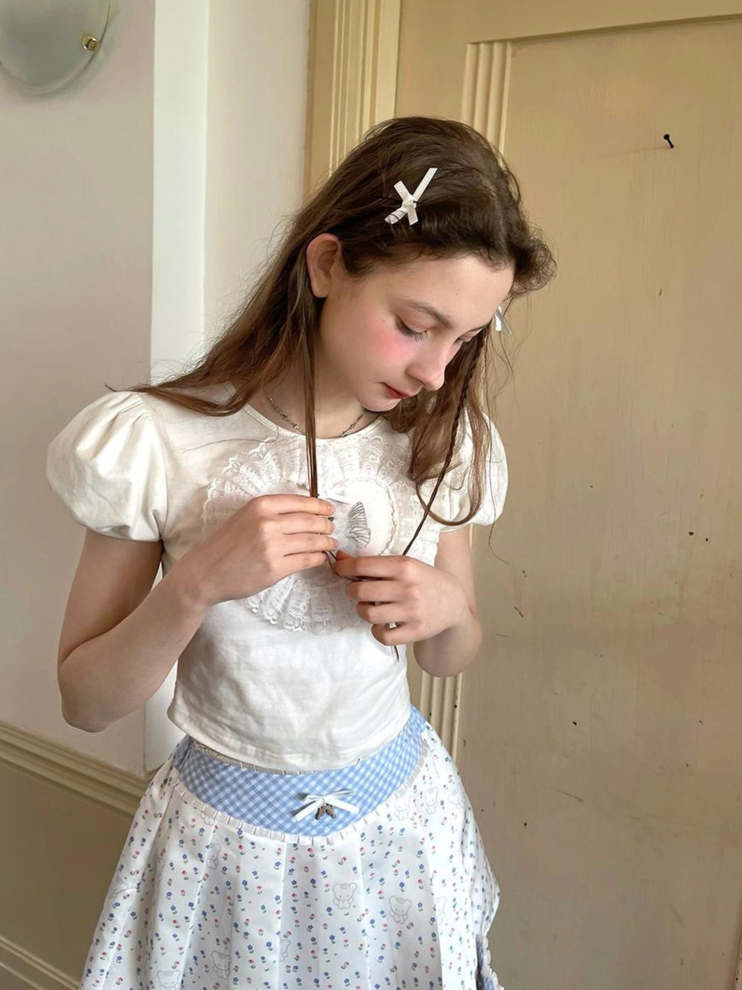 Angel Cat Lace Bubble Sleeve Tie Front Tee