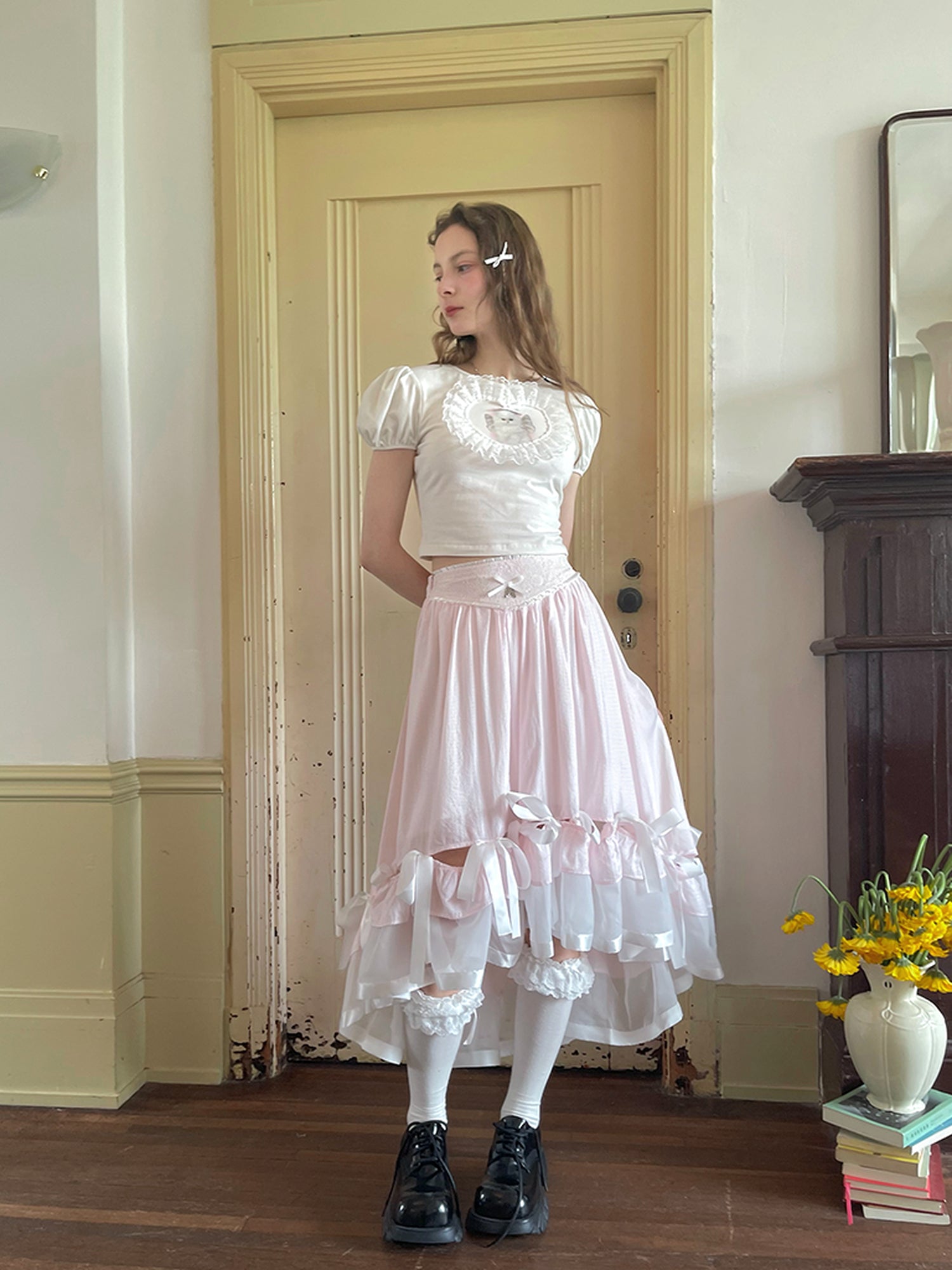 Daytoday Angel Cat Lace Bubble Sleeve Tie Front Tee