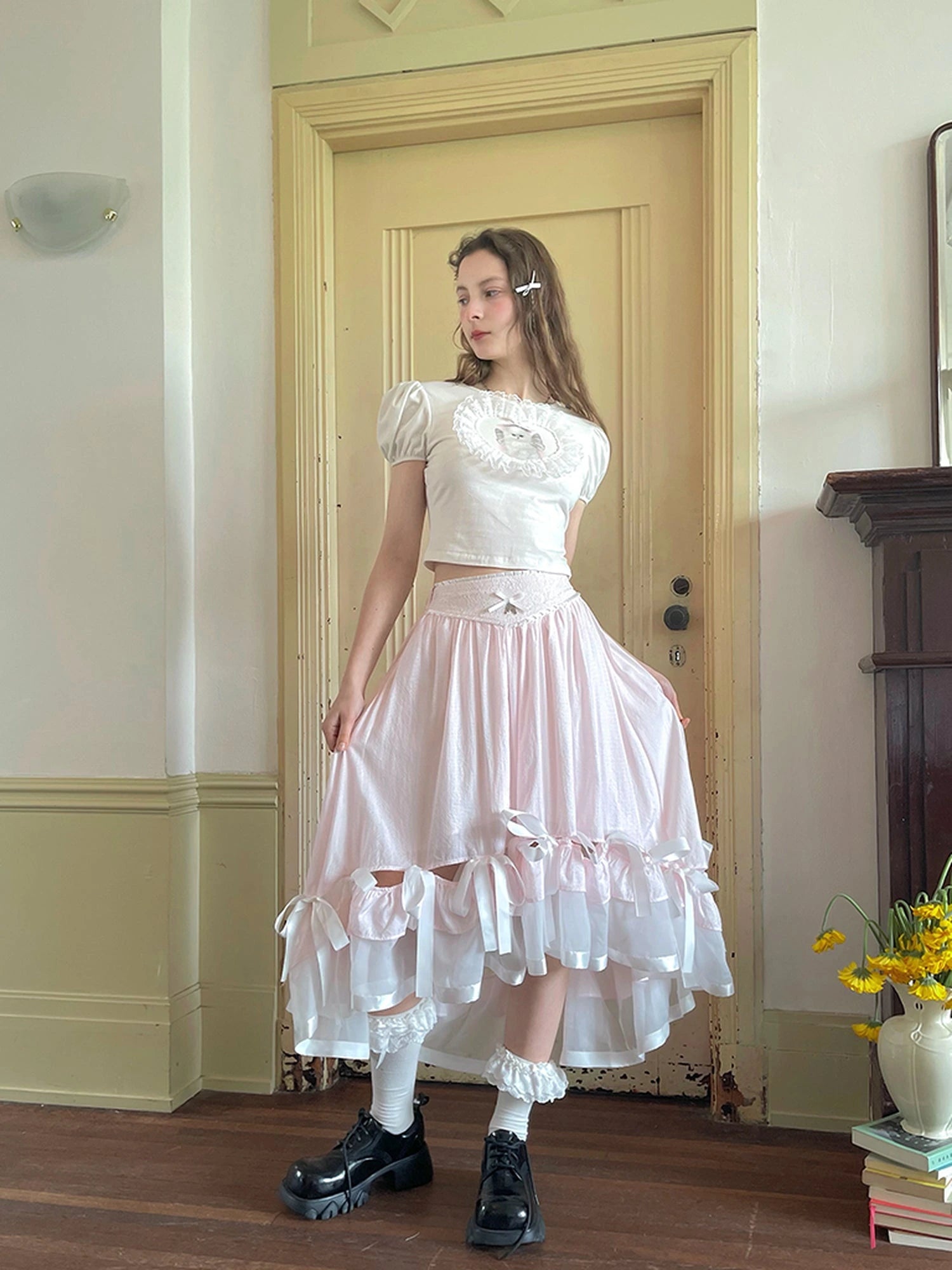 Angel Cat Lace Bubble Sleeve Tie Front Tee