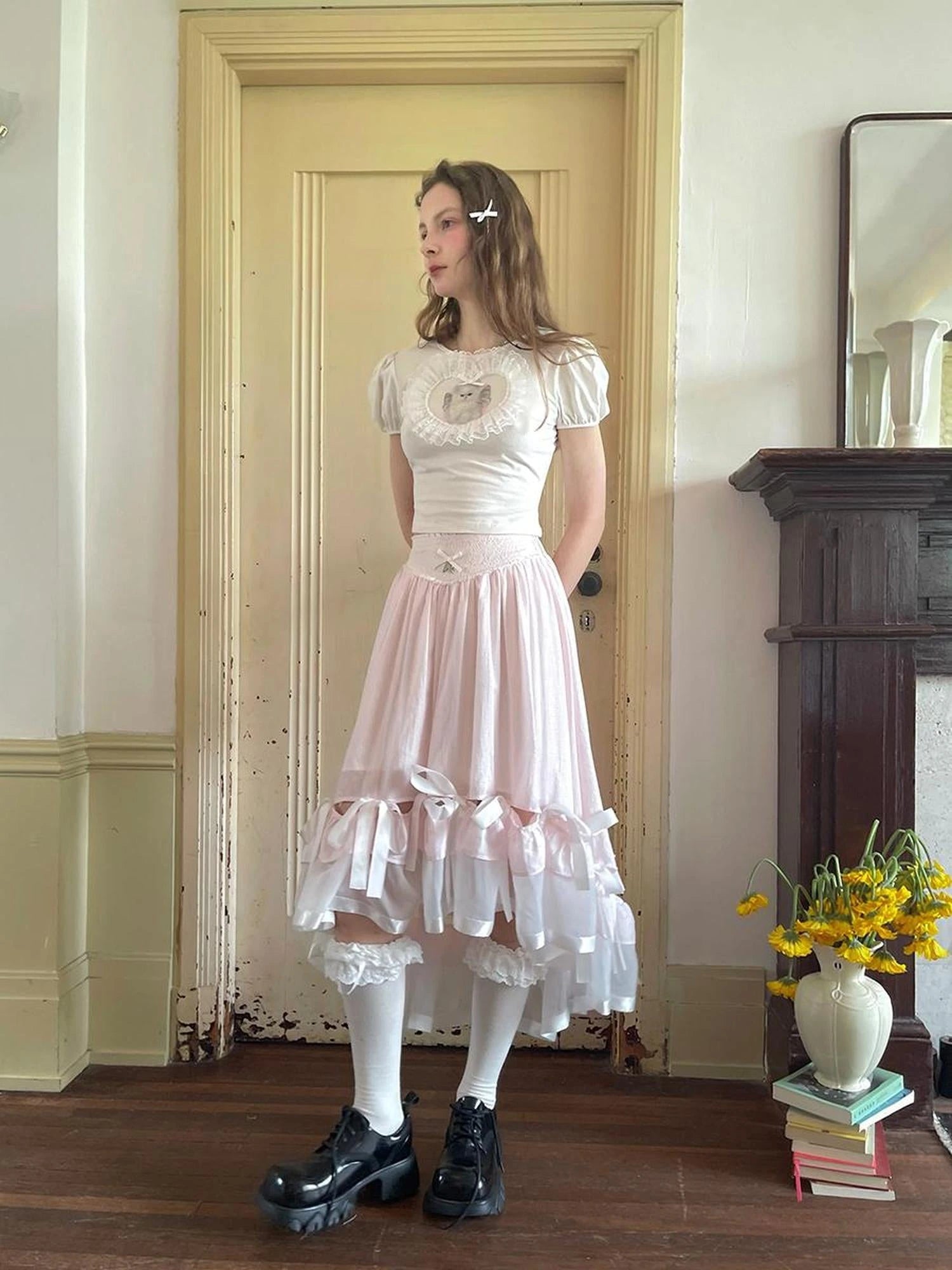 Angel Cat Lace Bubble Sleeve Tie Front Tee