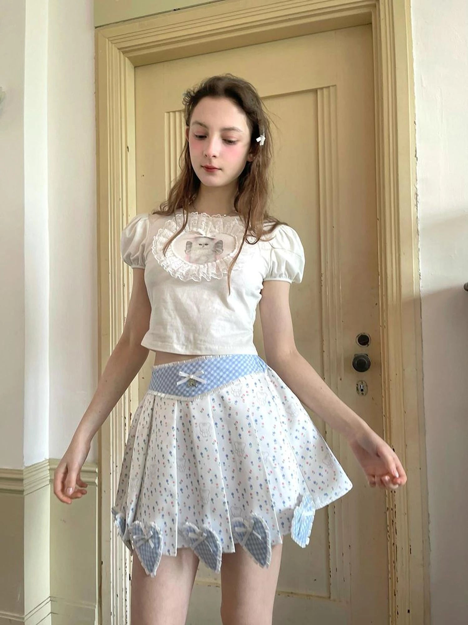 Angel Cat Lace Bubble Sleeve Tie Front Tee