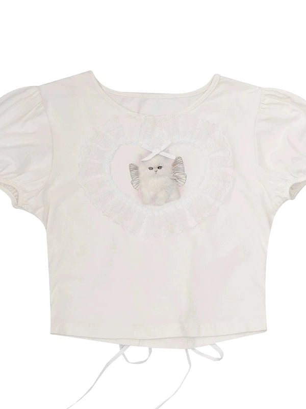 Angel Cat Lace Bubble Sleeve Tie Front Tee