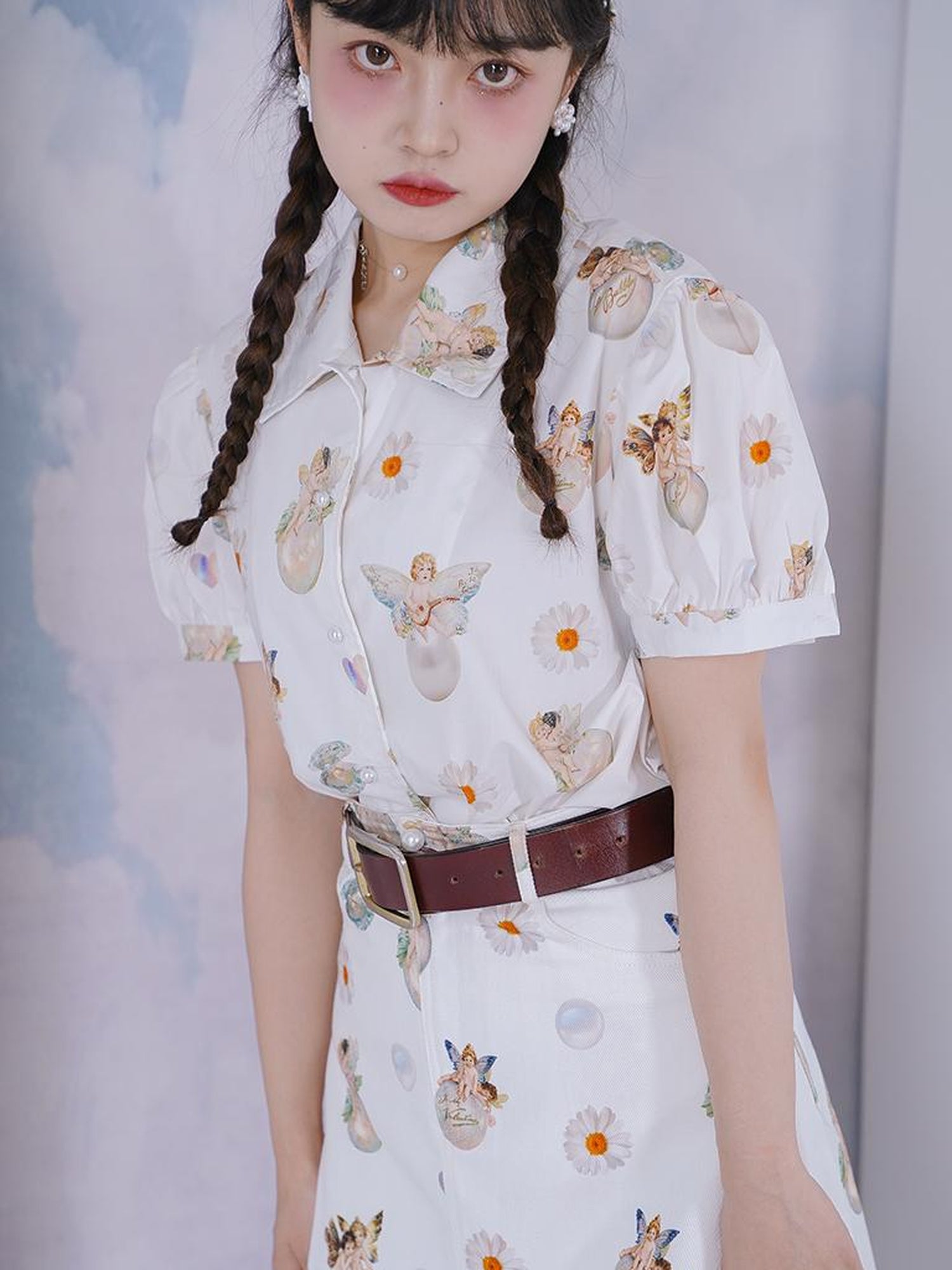 Daytoday Angel Pearl Bubble Sleeve Cotton Shirt
