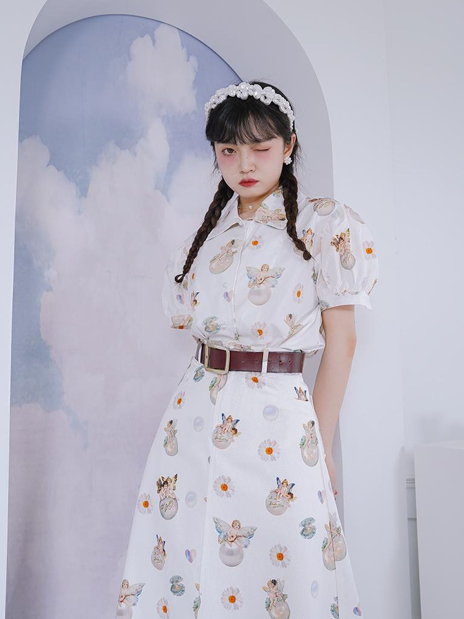 Daytoday Angel Pearl Bubble Sleeve Cotton Shirt