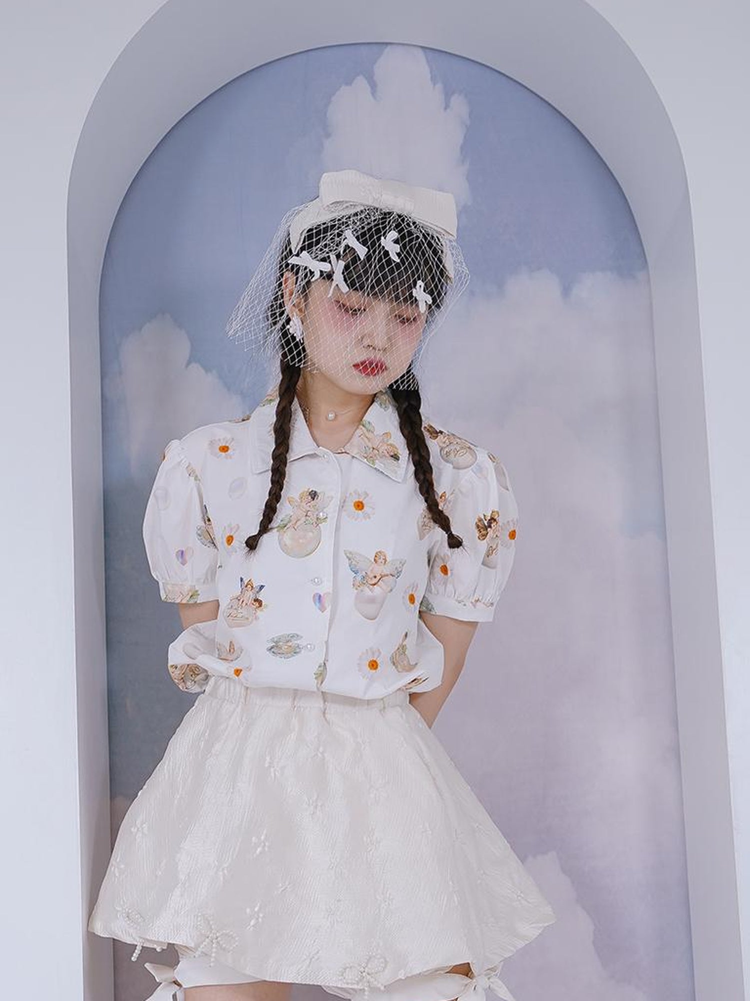 Daytoday Angel Pearl Bubble Sleeve Cotton Shirt