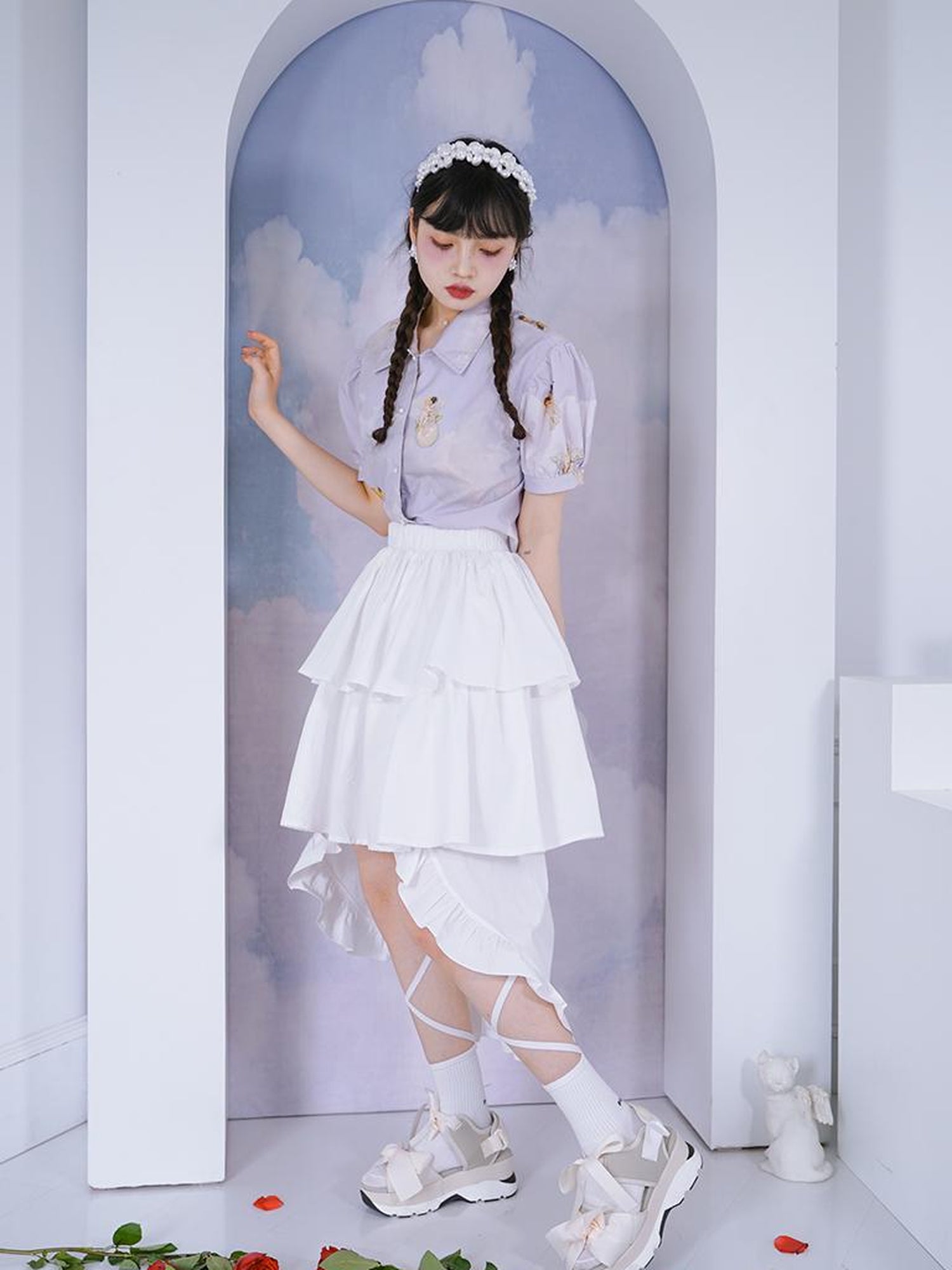 Daytoday Angel Pearl Bubble Sleeve Cotton Shirt