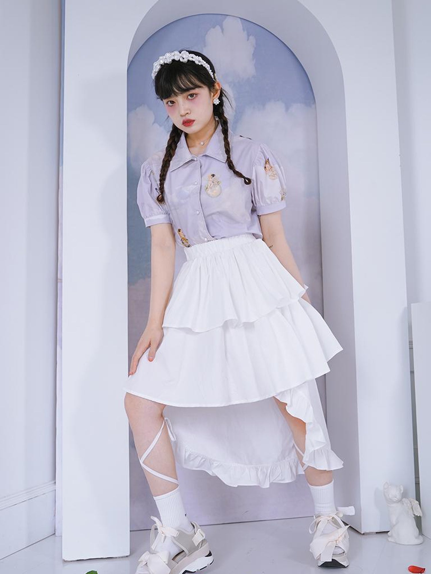 Daytoday Angel Pearl Bubble Sleeve Cotton Shirt