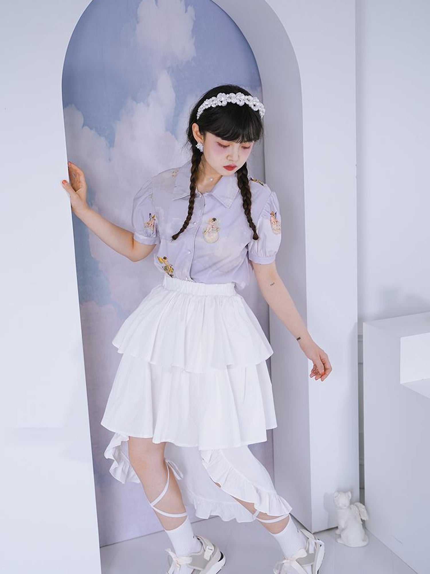 Daytoday Angel Pearl Bubble Sleeve Cotton Shirt