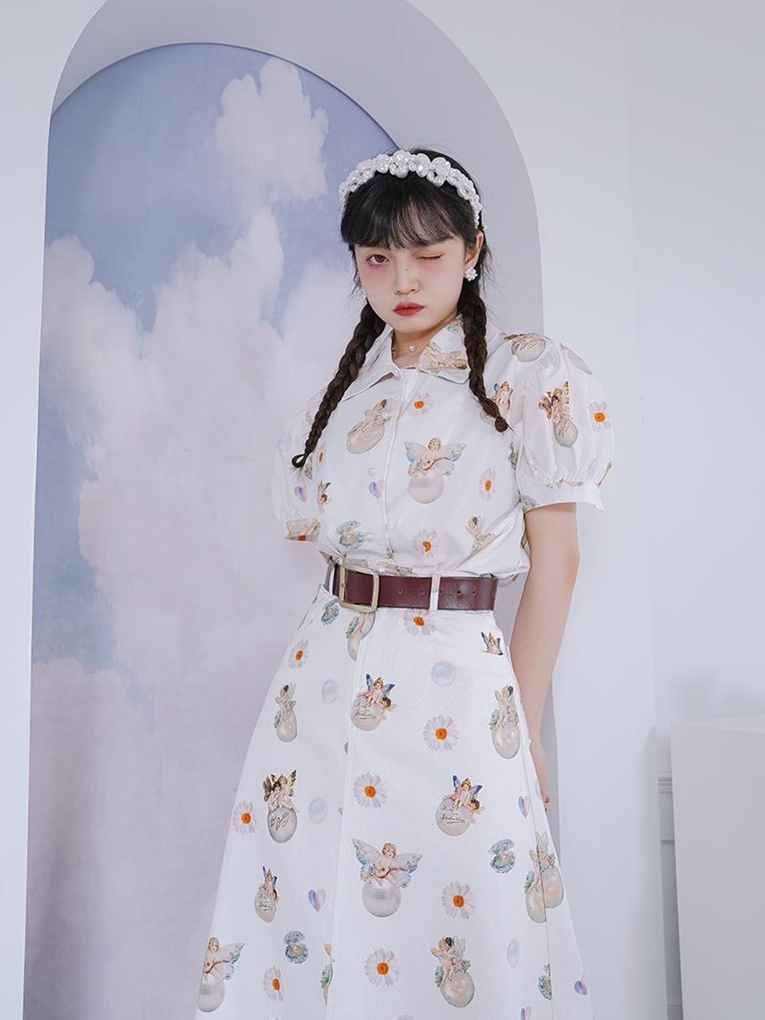 Daytoday Angel Pearl Bubble Sleeve Cotton Shirt