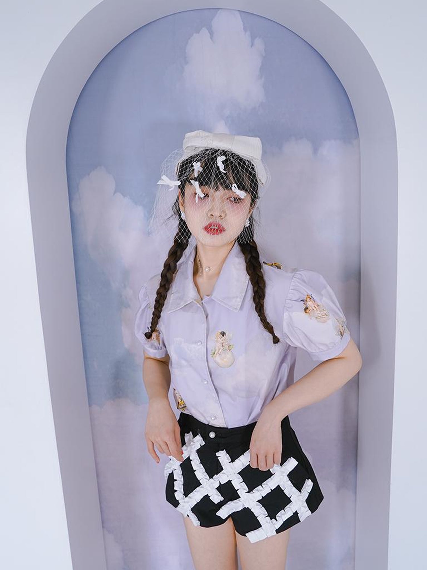 Daytoday Angel Pearl Bubble Sleeve Cotton Shirt