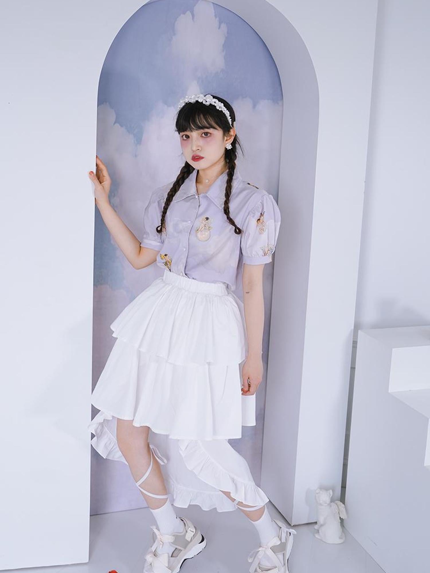 Daytoday Angel Pearl Bubble Sleeve Cotton Shirt