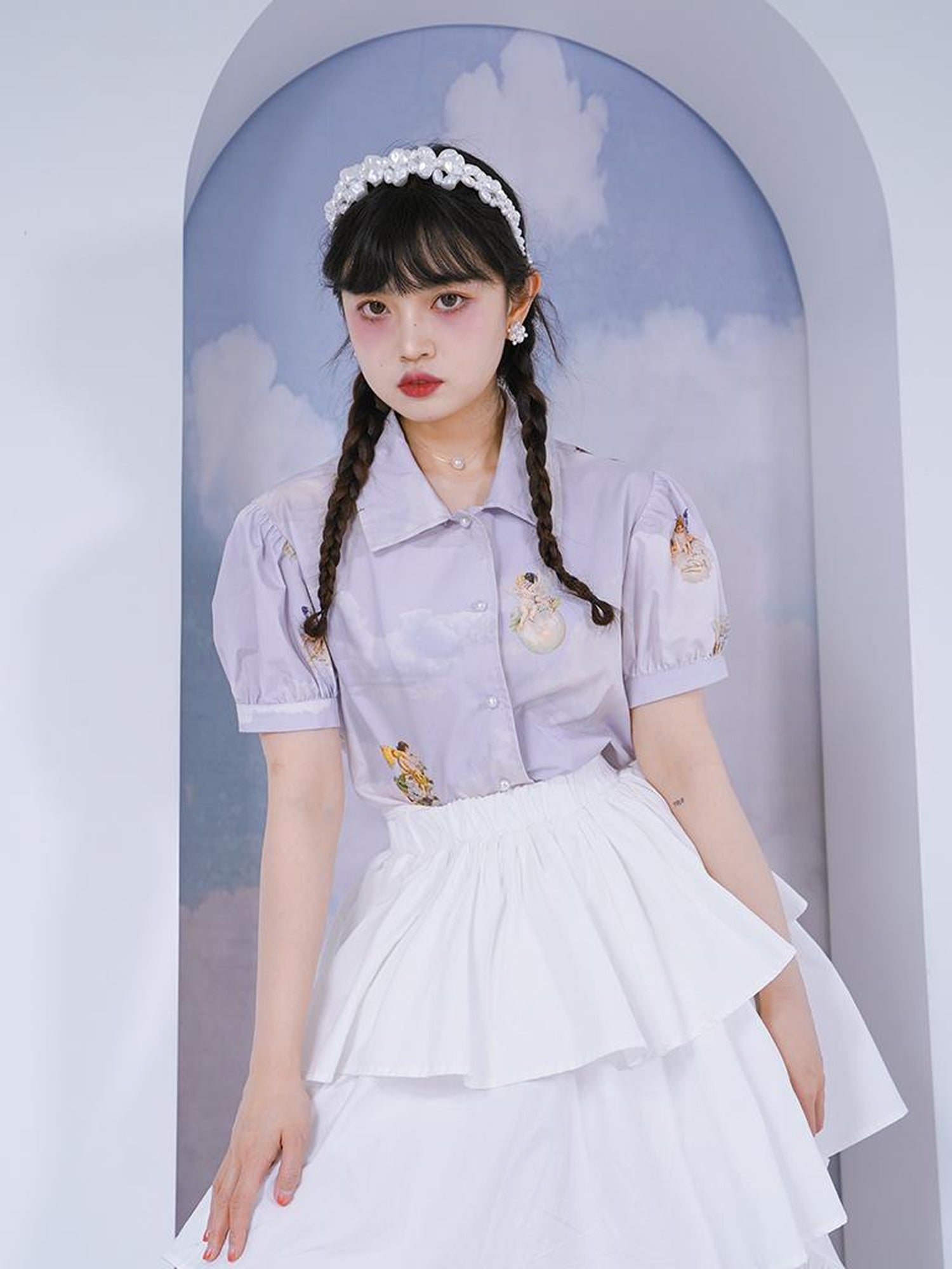 Daytoday Angel Pearl Bubble Sleeve Cotton Shirt