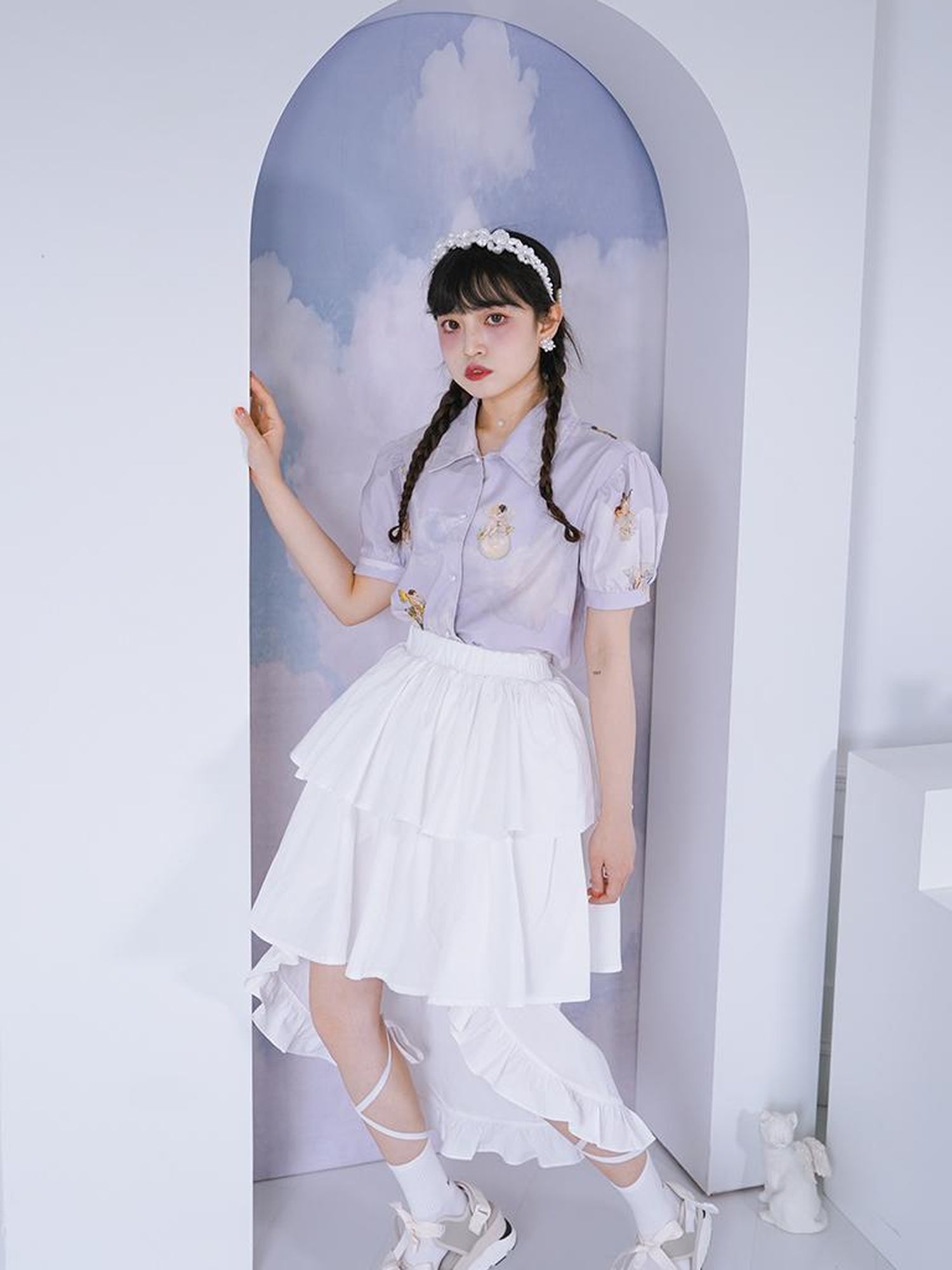 Daytoday Angel Pearl Bubble Sleeve Cotton Shirt