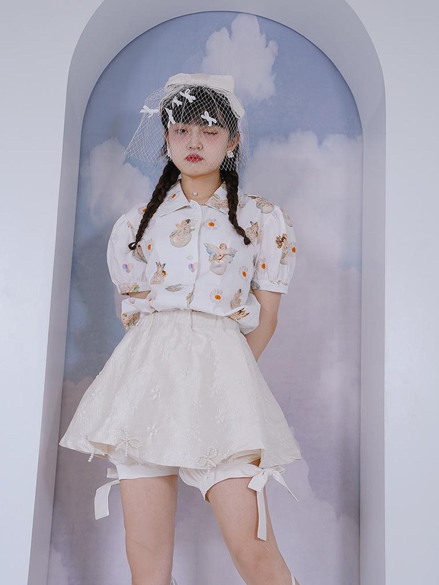 Daytoday Angel Pearl Bubble Sleeve Cotton Shirt