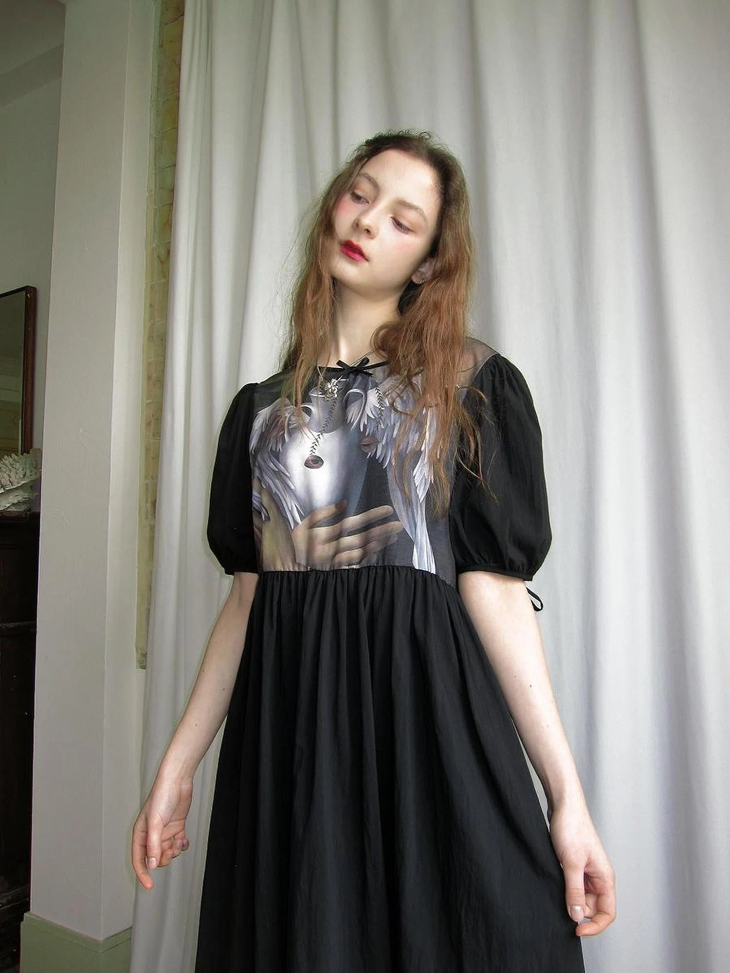 Angel S Tears Tempera Print T Shirt Dress V Neck Long Sleeve