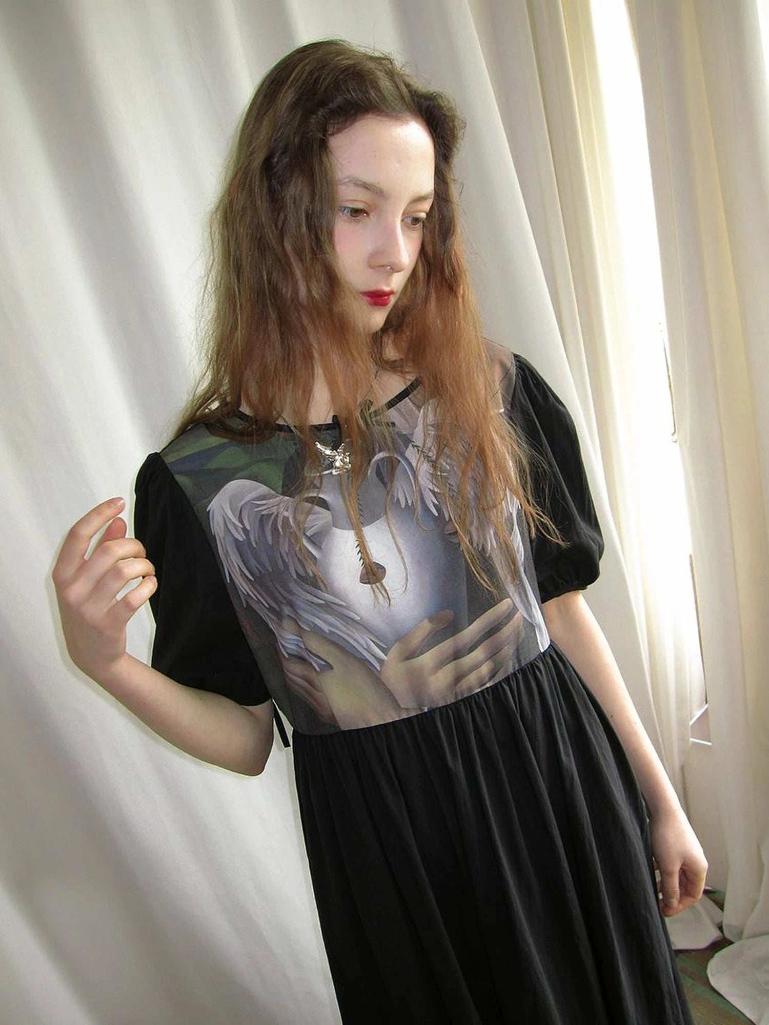 Angel S Tears Tempera Print T Shirt Dress V Neck Long Sleeve