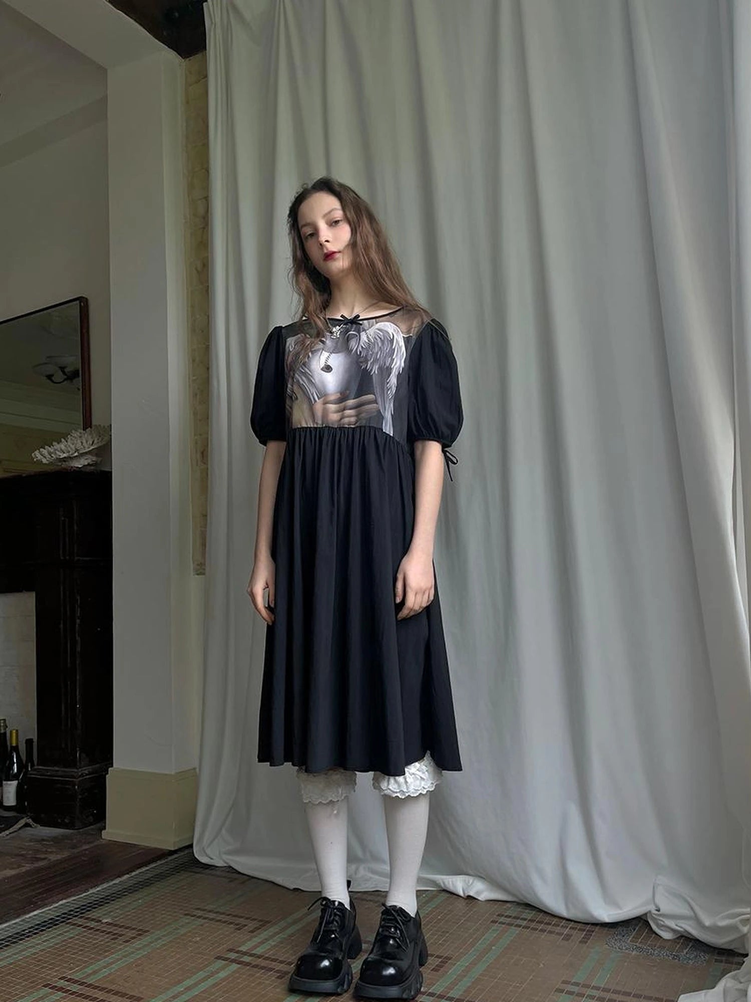 Angel S Tears Tempera Print T Shirt Dress V Neck Long Sleeve