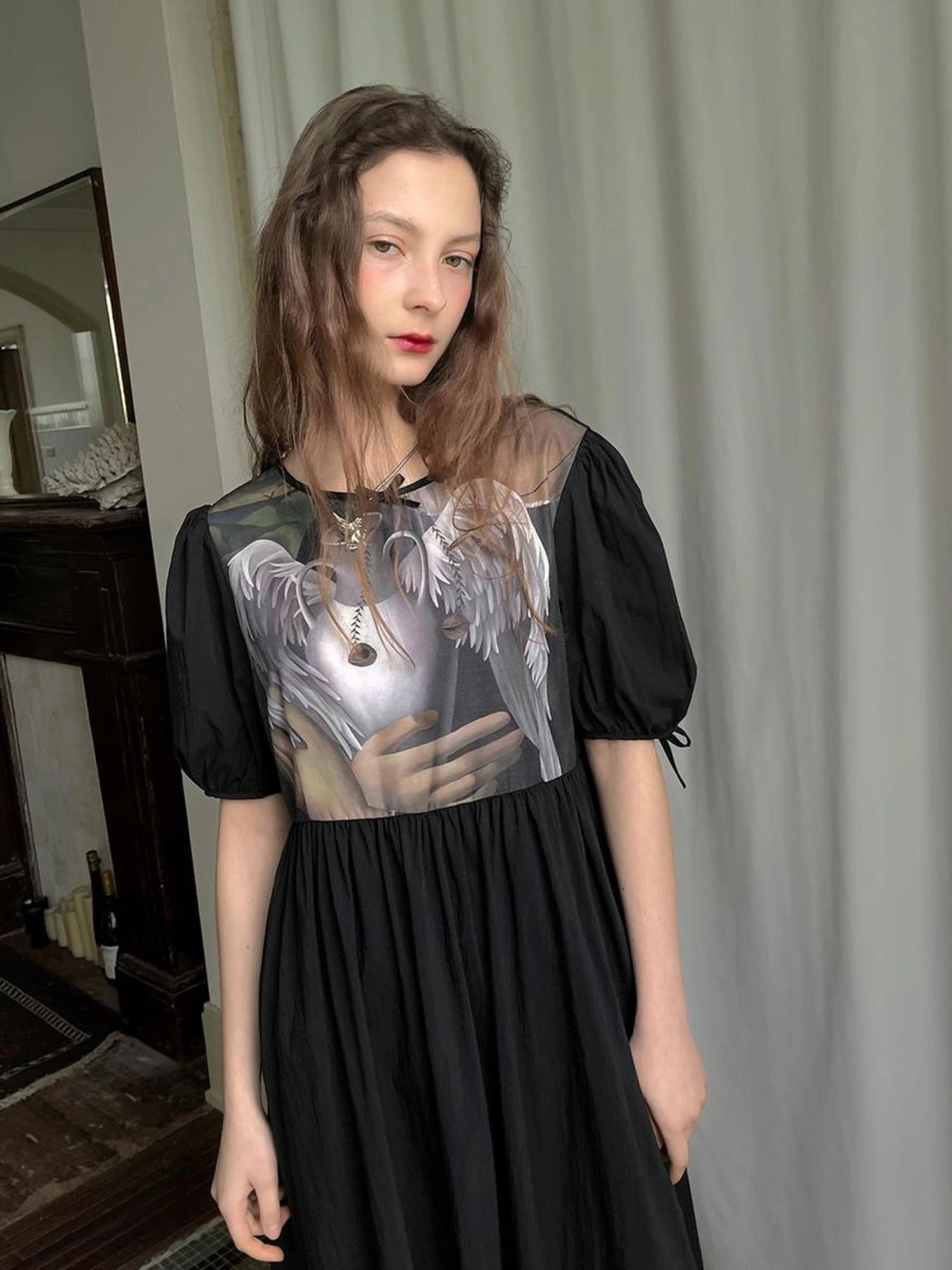 Angel S Tears Tempera Print T Shirt Dress V Neck Long Sleeve