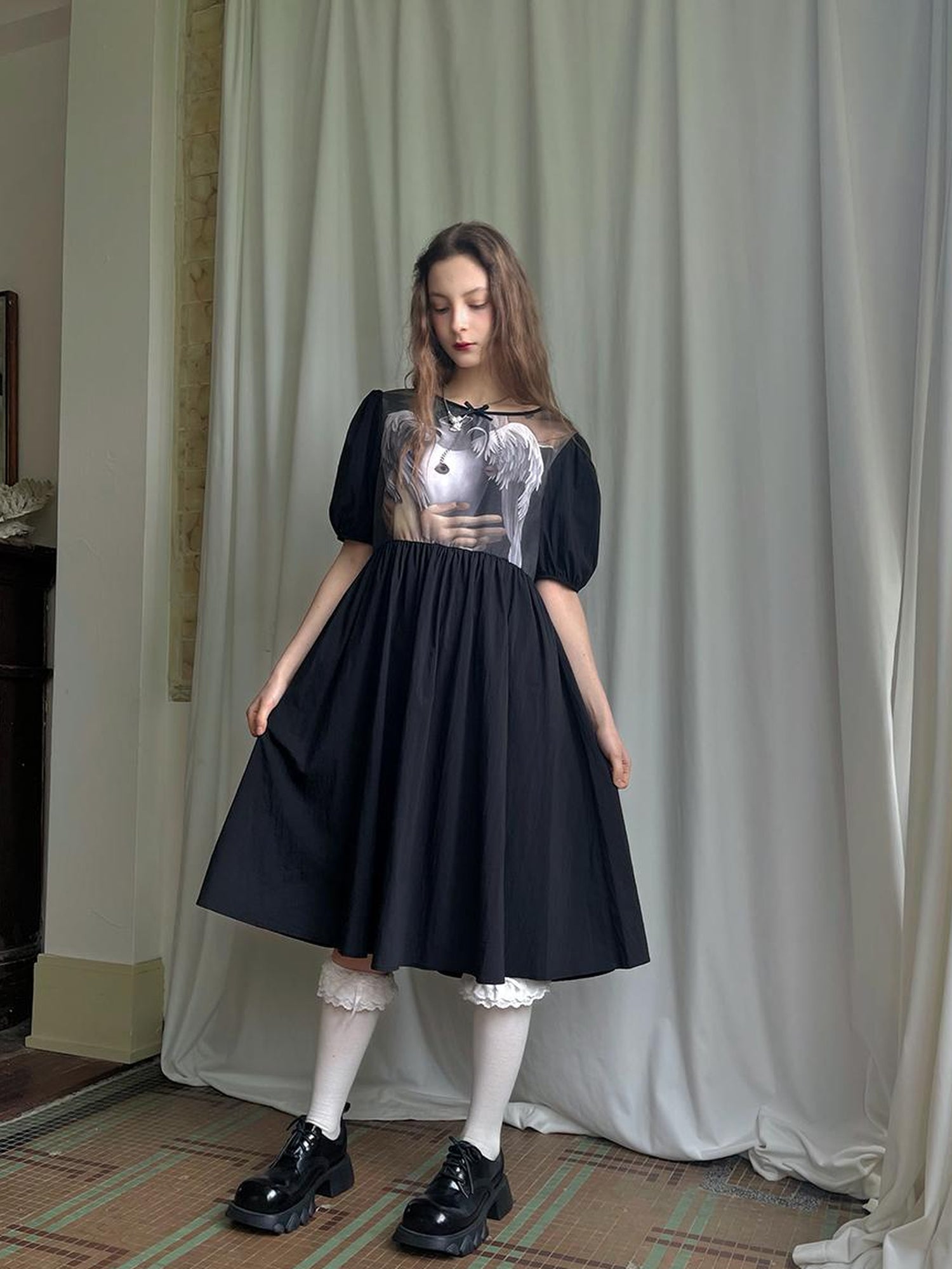 Daytoday Angel S Tears Tempera Print T Shirt Dress V Neck Long Sleeve