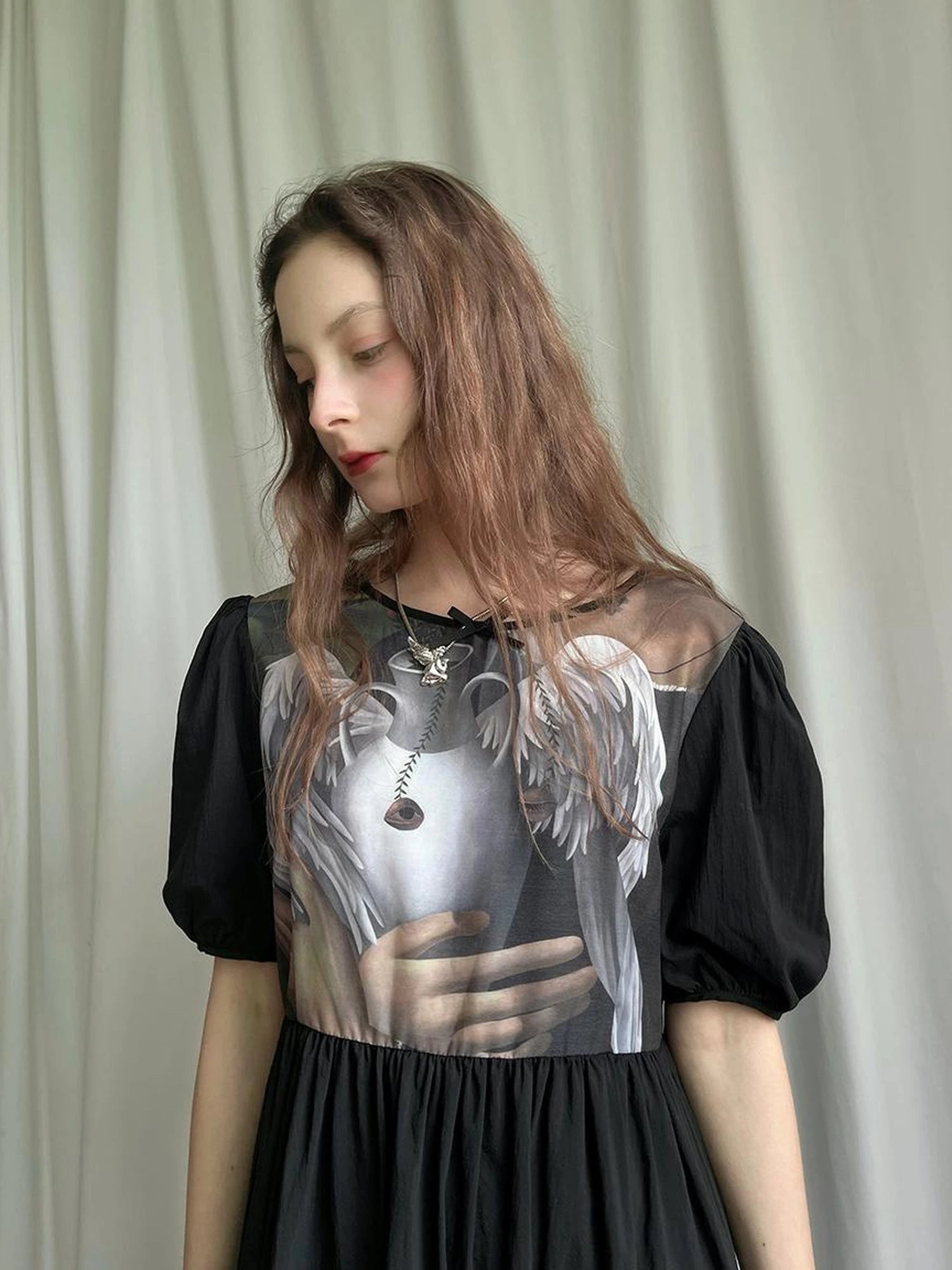 Angel S Tears Tempera Print T Shirt Dress V Neck Long Sleeve