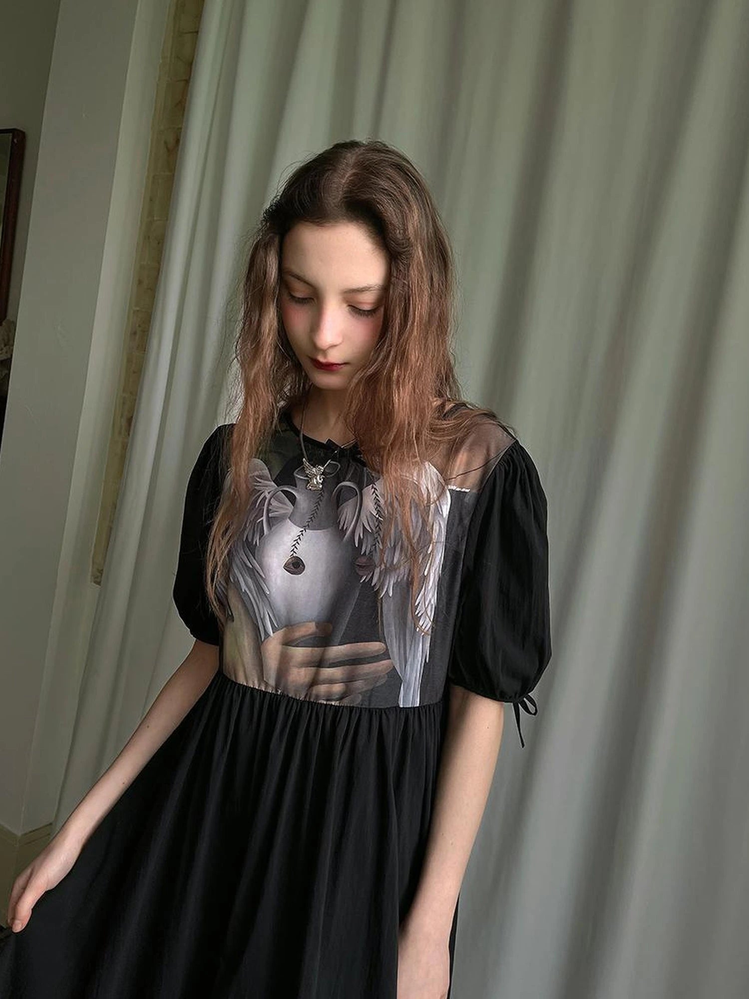 Angel S Tears Tempera Print T Shirt Dress V Neck Long Sleeve