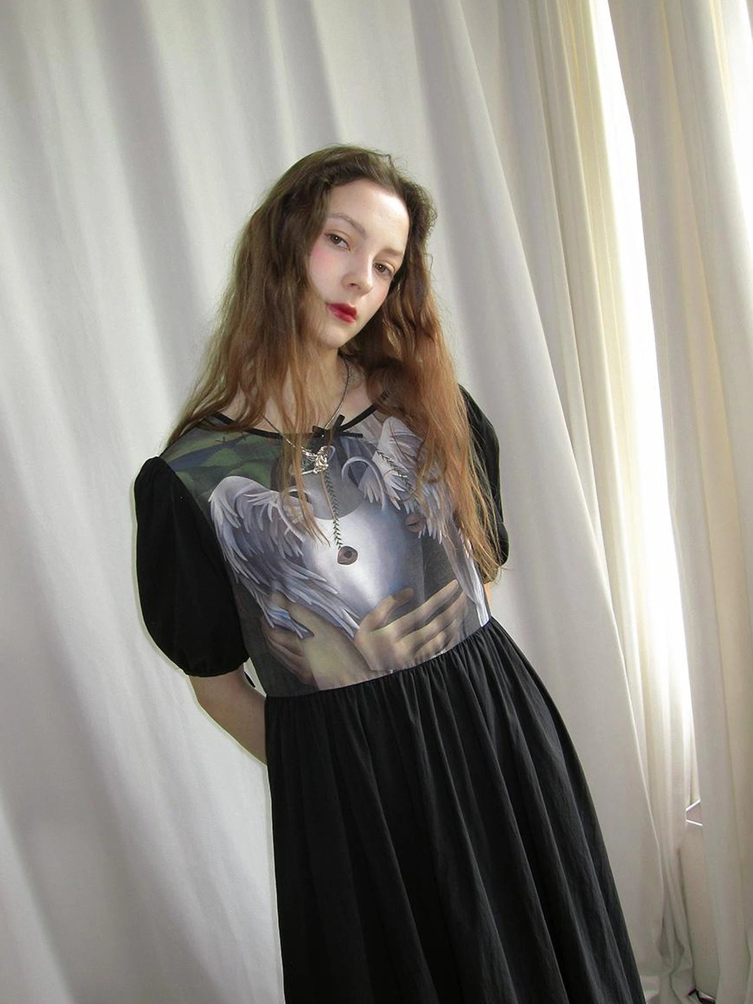 Angel S Tears Tempera Print T Shirt Dress V Neck Long Sleeve