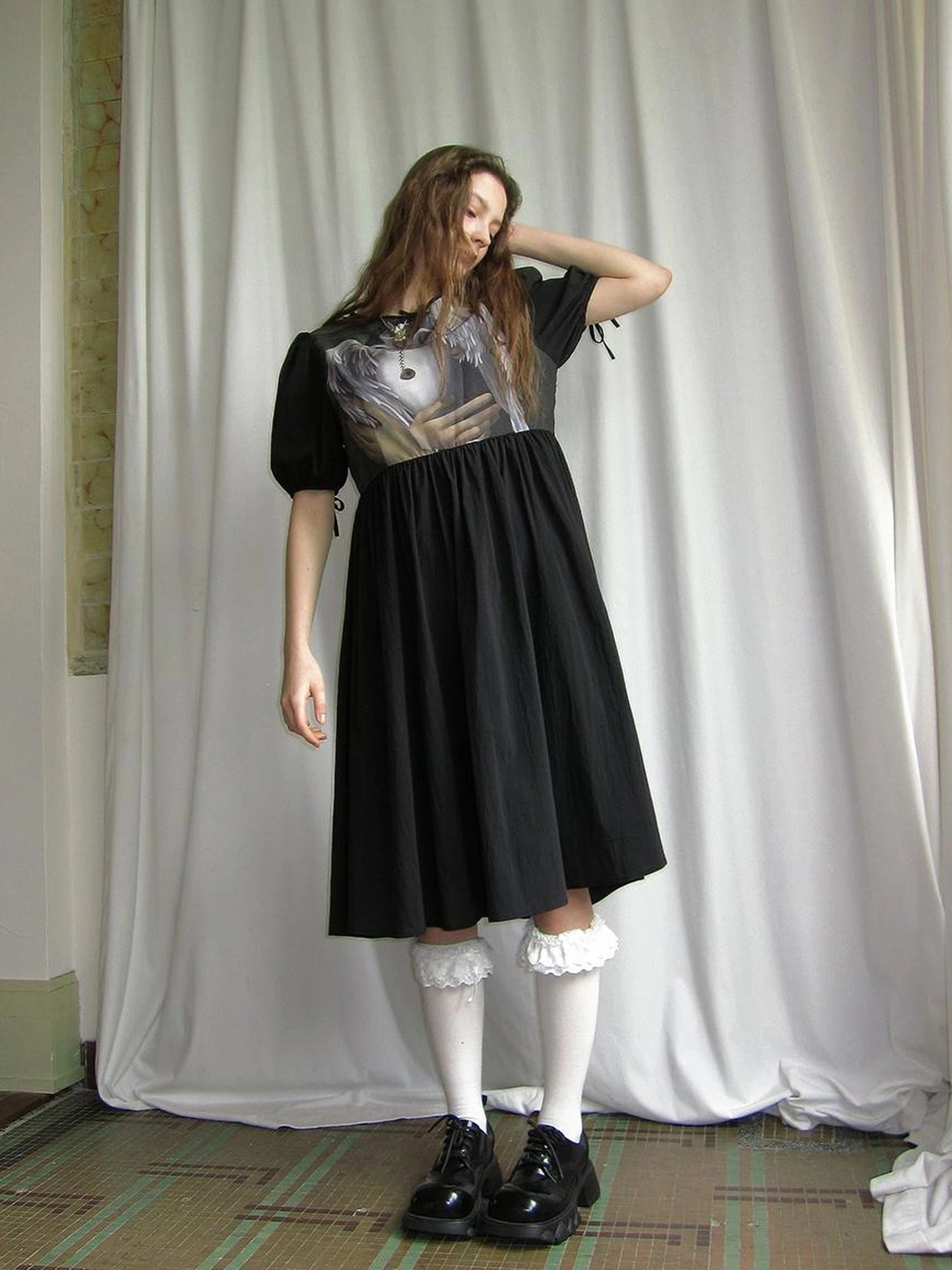 Angel S Tears Tempera Print T Shirt Dress V Neck Long Sleeve