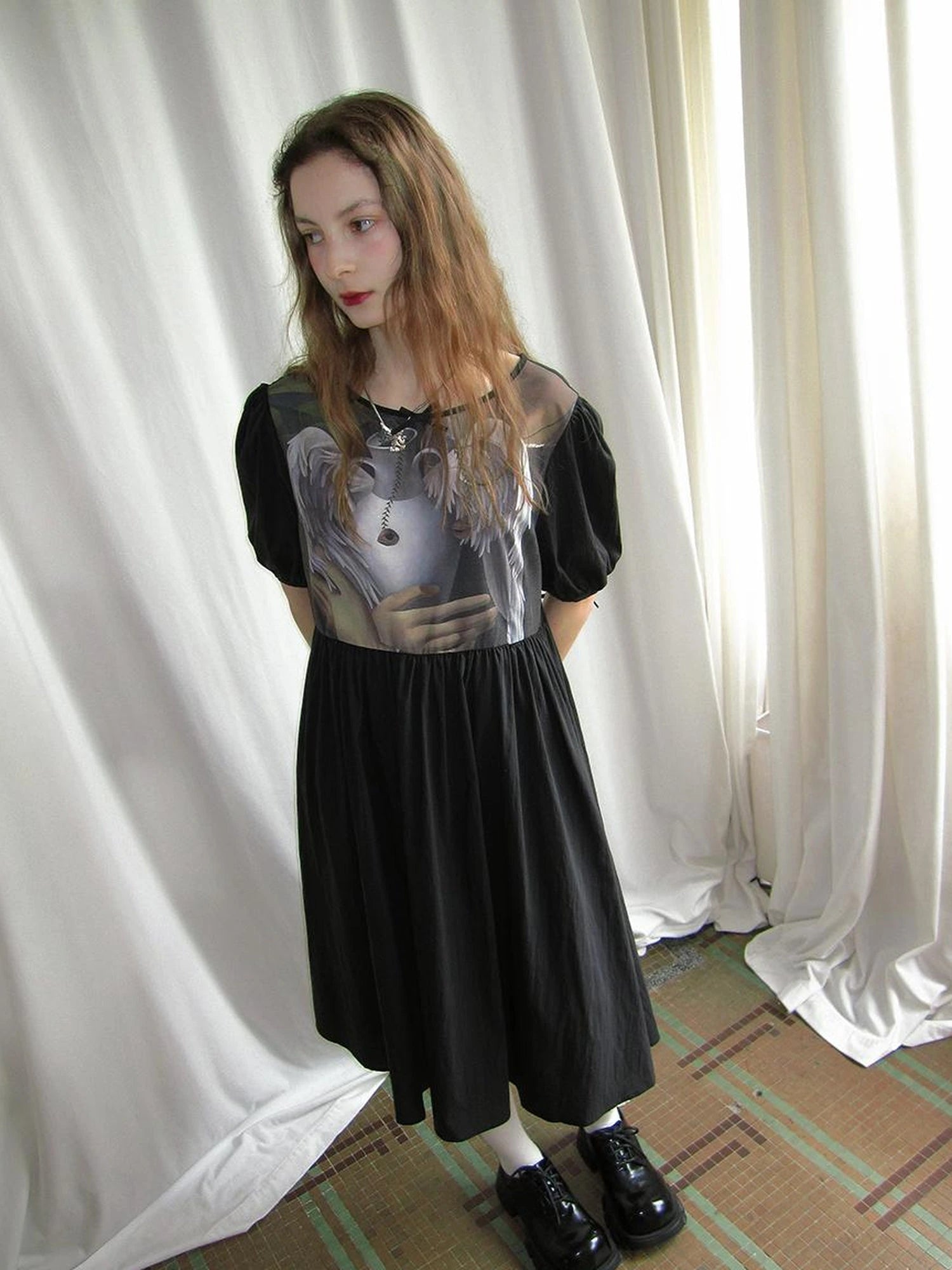 Angel S Tears Tempera Print T Shirt Dress V Neck Long Sleeve