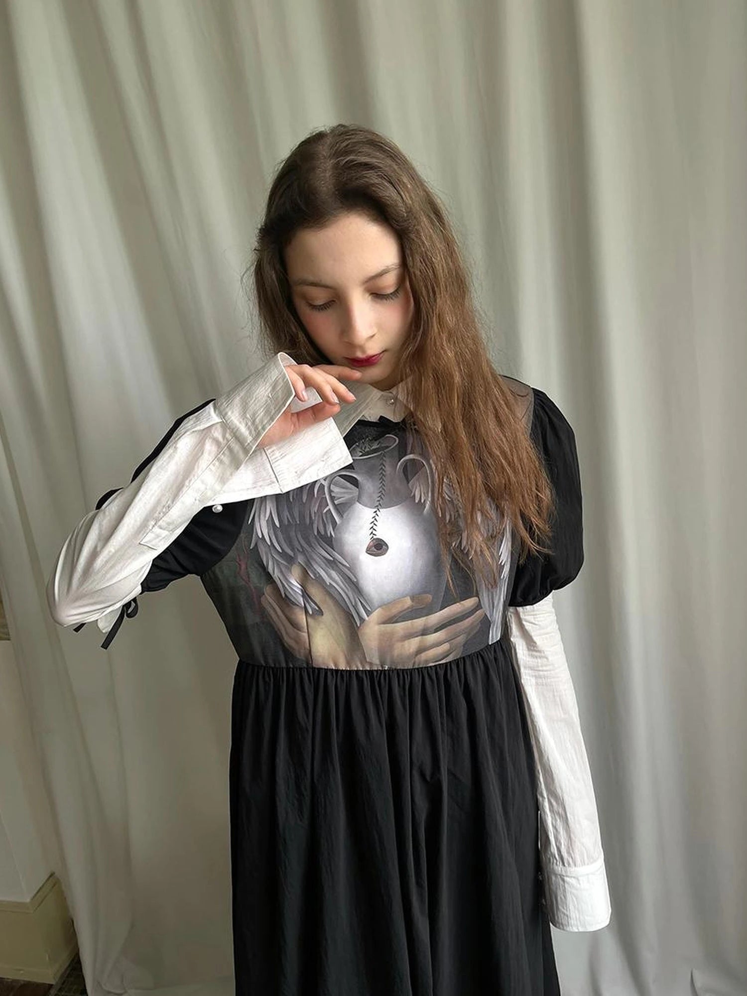 Angel S Tears Tempera Print T Shirt Dress V Neck Long Sleeve