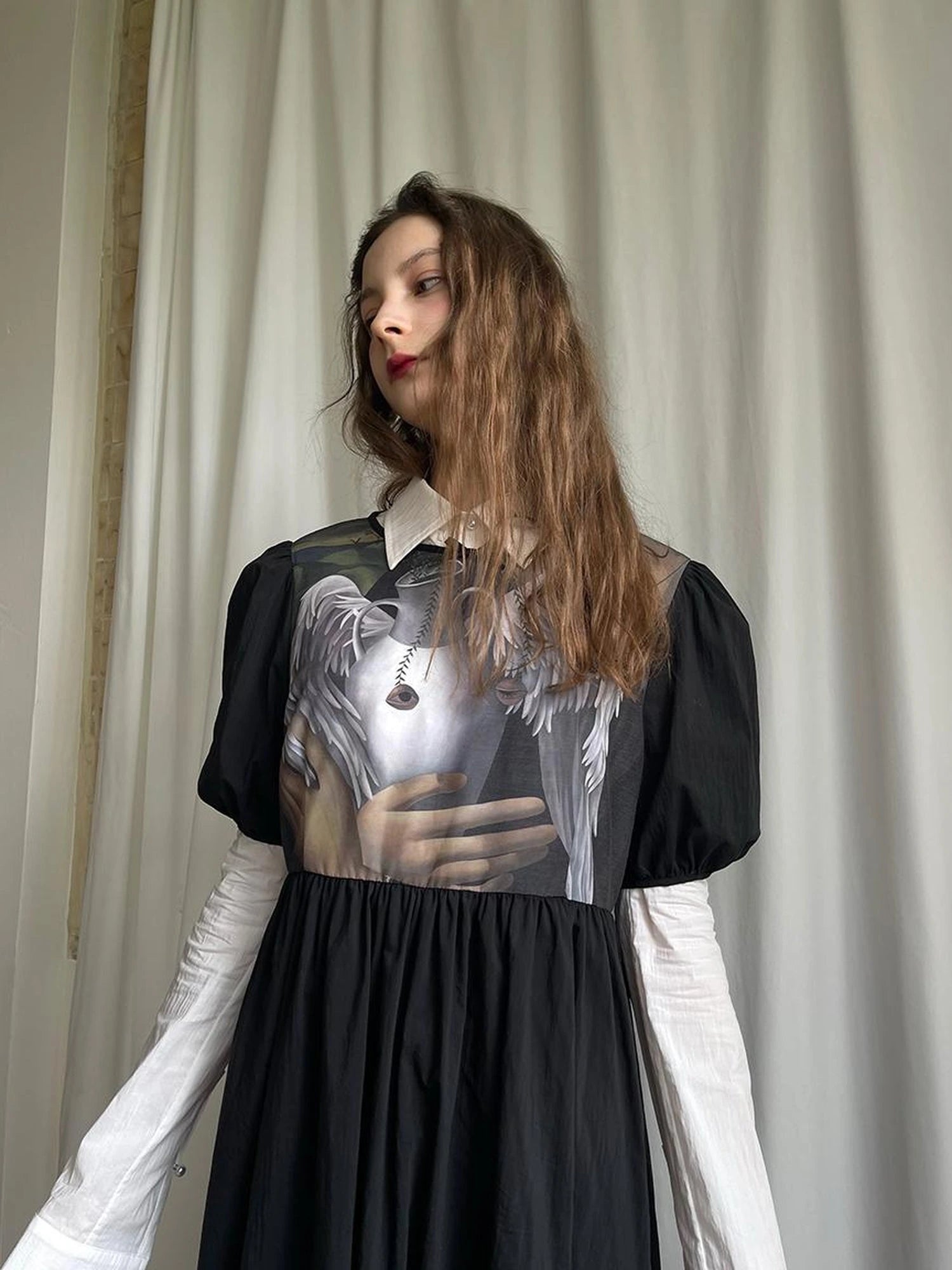 Angel S Tears Tempera Print T Shirt Dress V Neck Long Sleeve