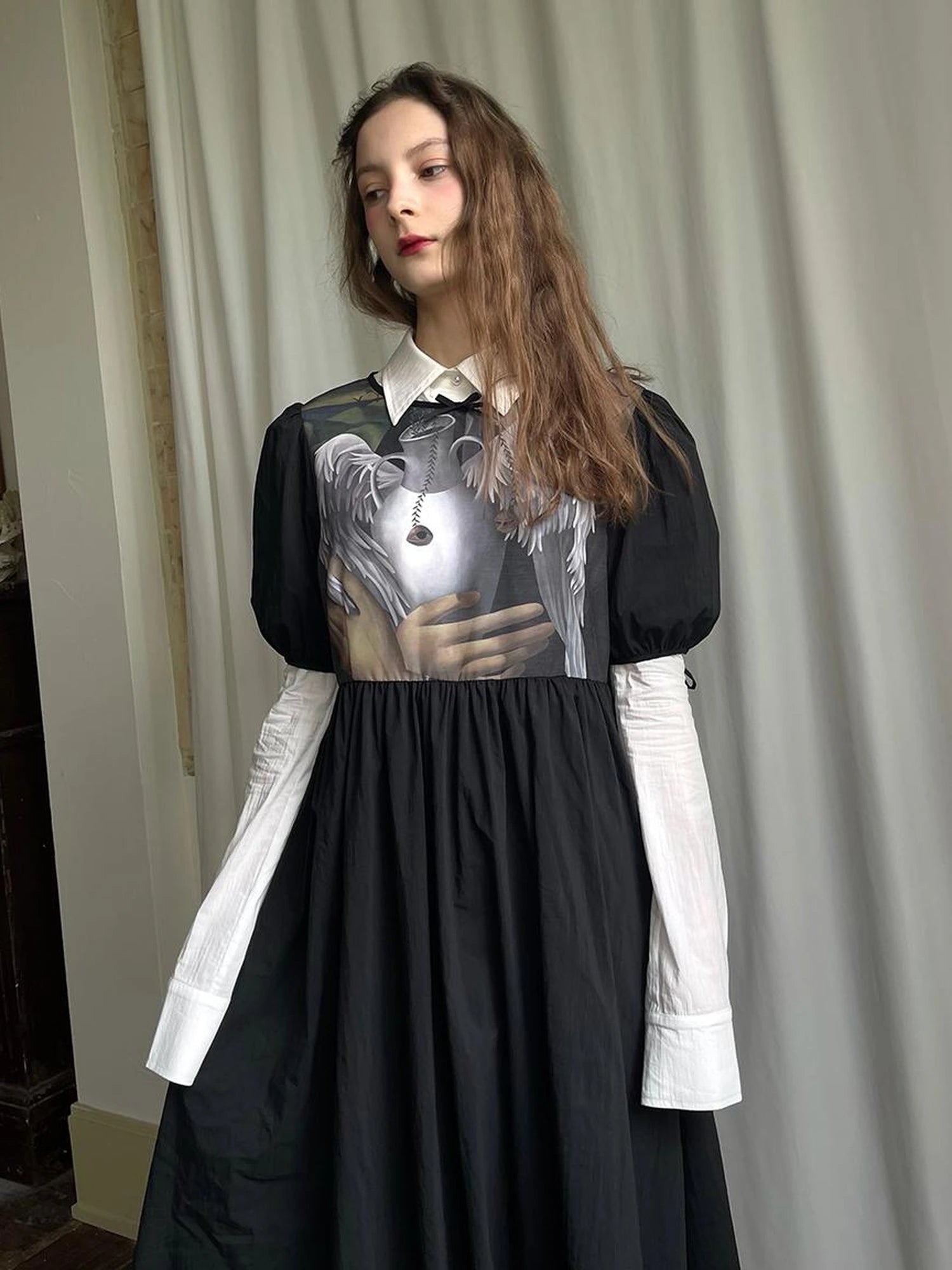 Angel S Tears Tempera Print T Shirt Dress V Neck Long Sleeve