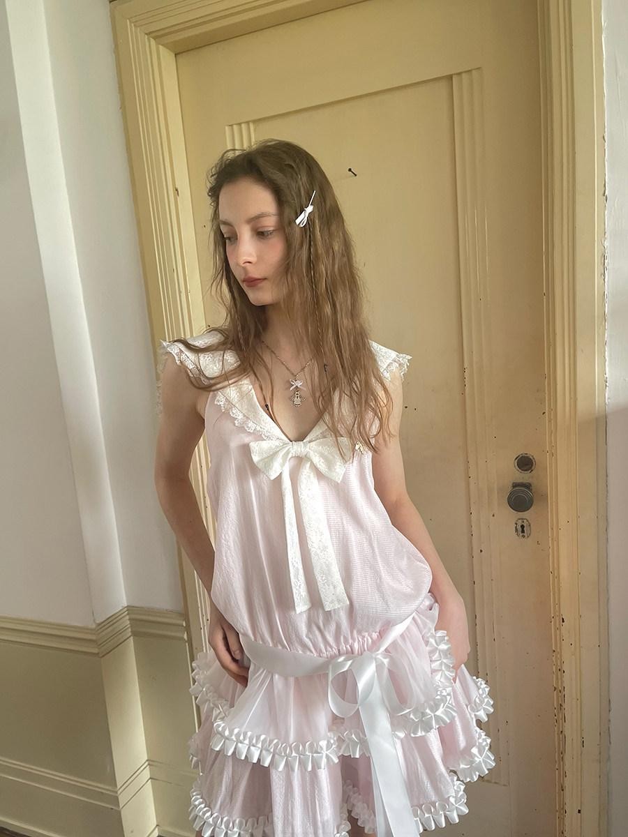 Daytoday Angel Tear Pink Lace Bow Sailor Collar V-neck Women&