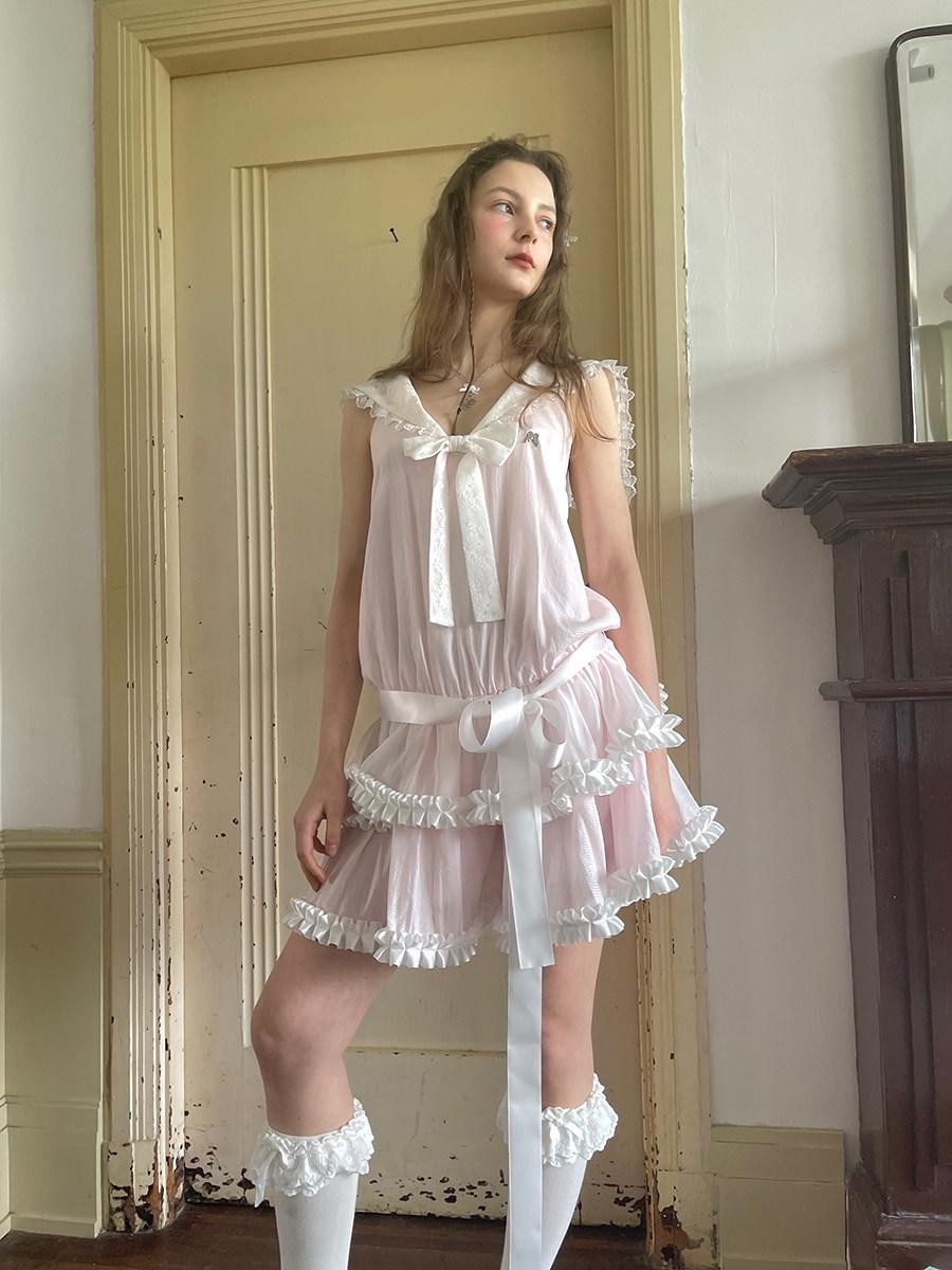 Daytoday Angel Tear Pink Lace Bow Sailor Collar V-neck Women&