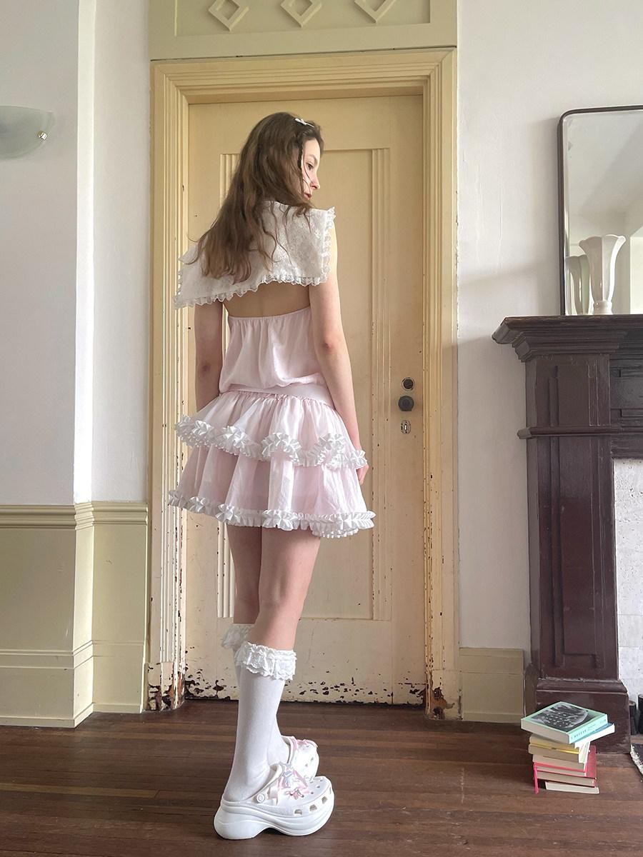 Daytoday Angel Tear Pink Lace Bow Sailor Collar V-neck Women&