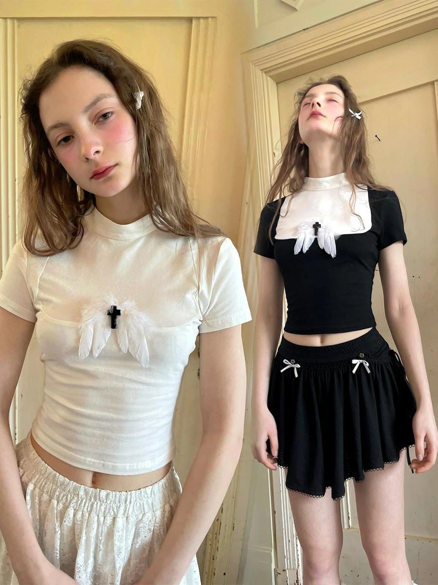 Angel Tears Feather Cross Dark Graphic Cotton T-Shirt