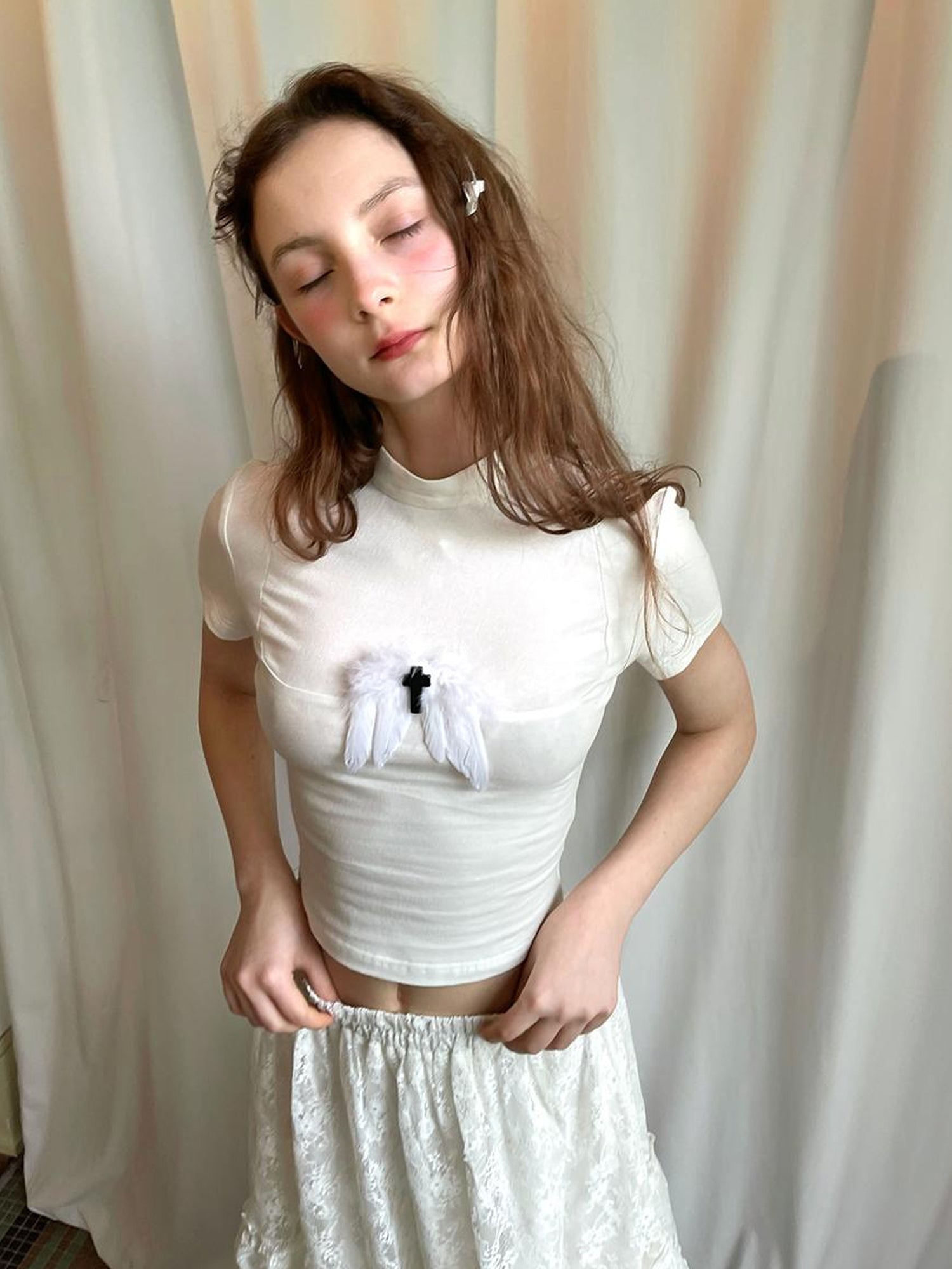 Daytoday Angel Tears Feather Cross Dark Graphic Cotton T-Shirt