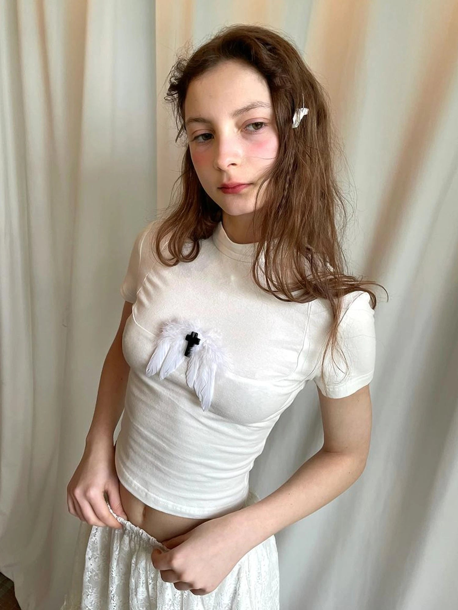 Angel Tears Feather Cross Dark Graphic Cotton T-Shirt